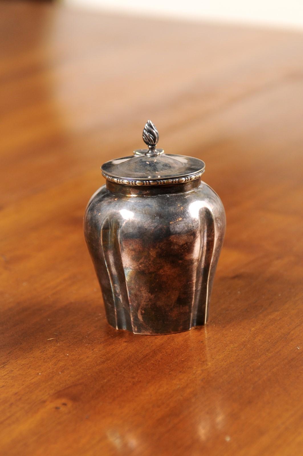 Petite English Electroplated Nickel on Silver Lidded Container with Flame Finial For Sale 6