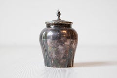 Petite English Electroplated Nickel on Silver Lidded Container with Flame Finial