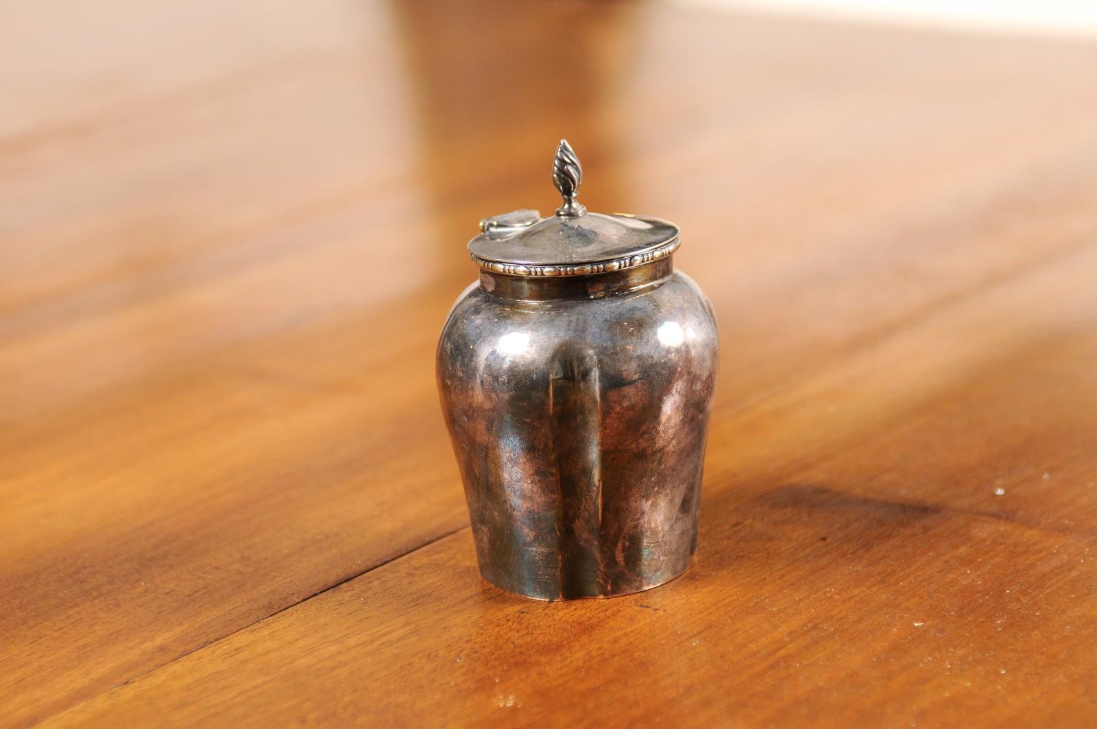 Petite English Electroplated Nickel on Silver Lidded Container with Flame Finial In Good Condition For Sale In Atlanta, GA