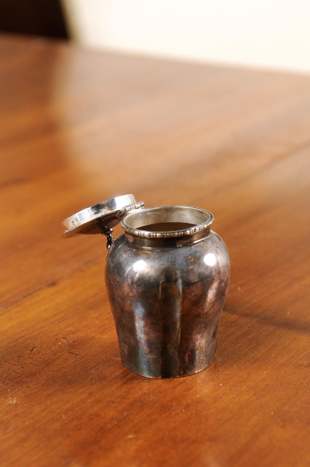20th Century Petite English Electroplated Nickel on Silver Lidded Container with Flame Finial For Sale