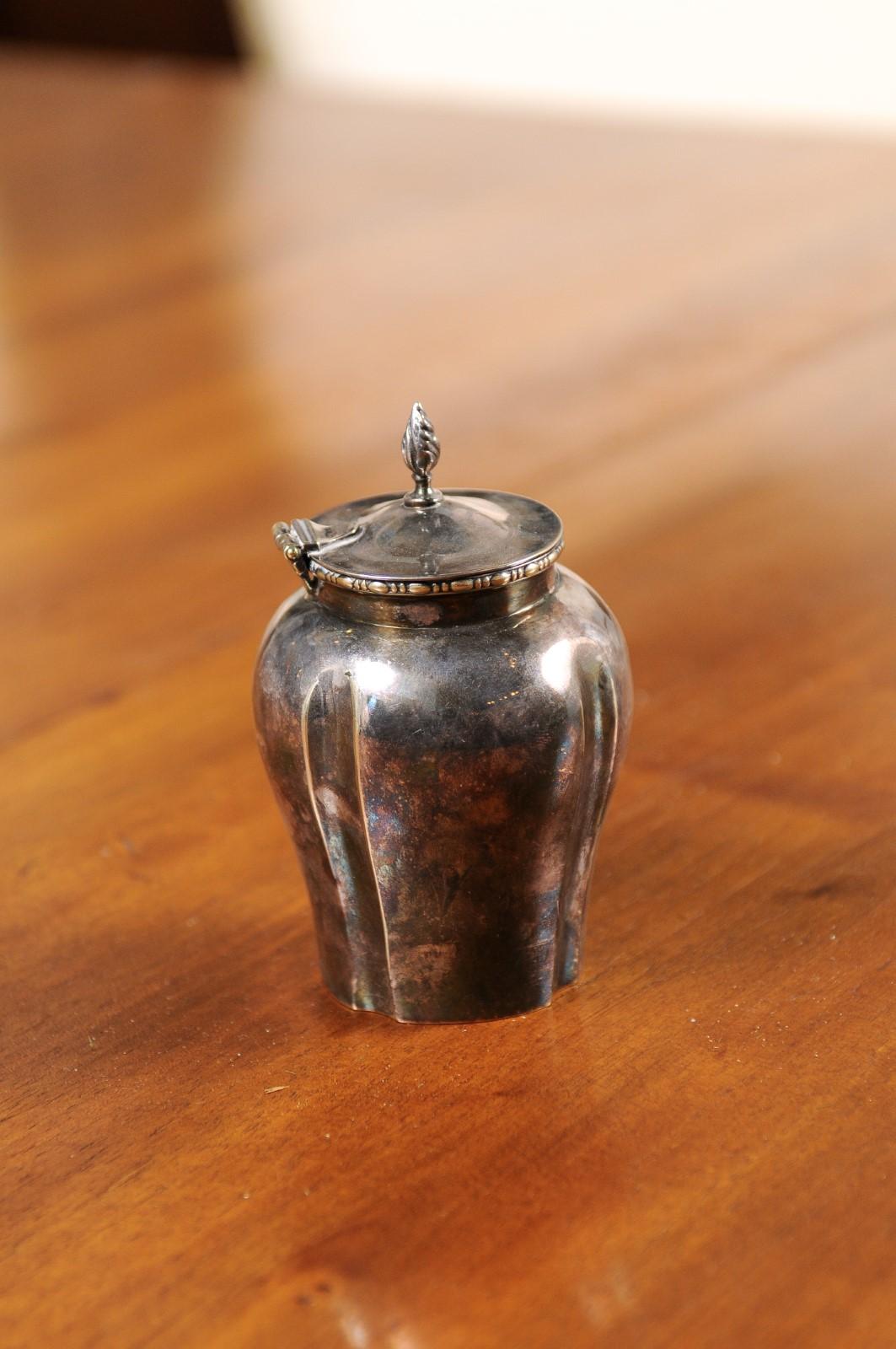 Silver Plate Petite English Electroplated Nickel on Silver Lidded Container with Flame Finial For Sale