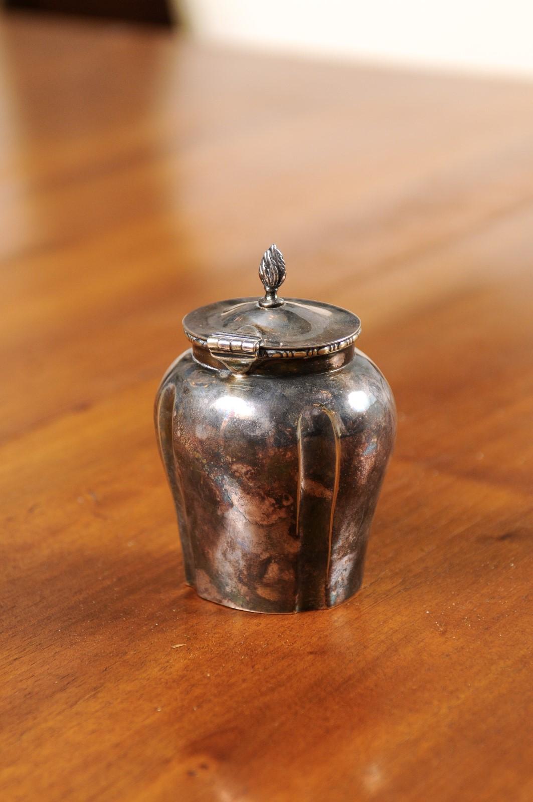 Petite English Electroplated Nickel on Silver Lidded Container with Flame Finial For Sale 1