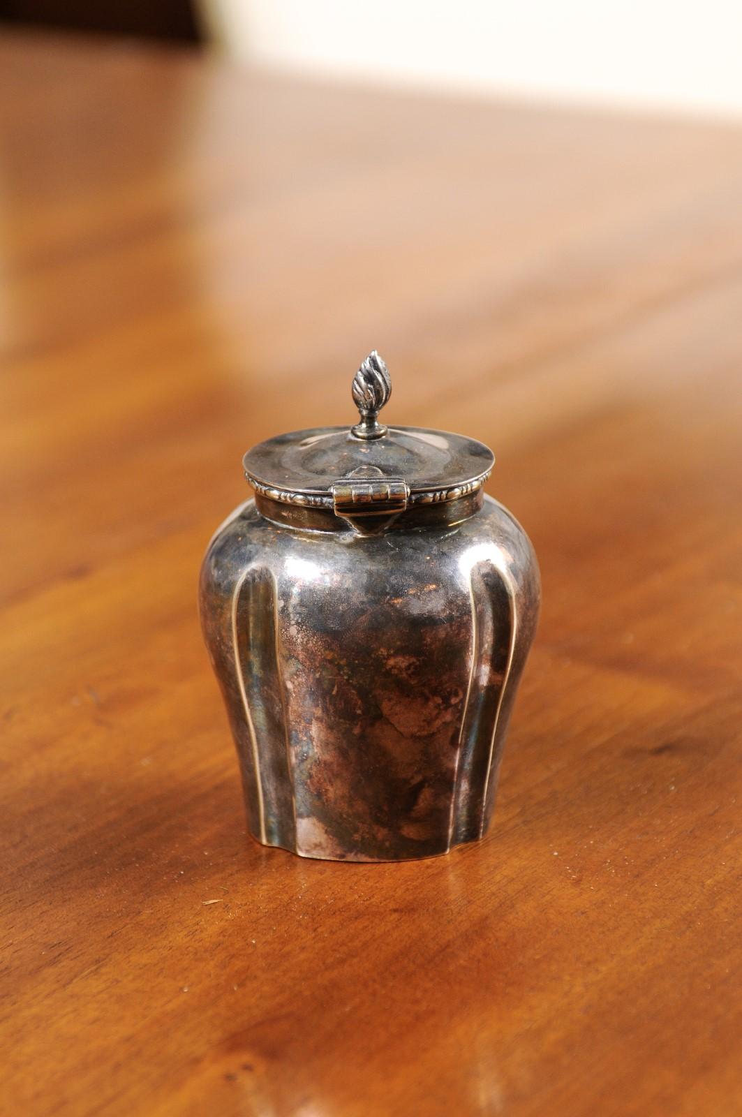 Petite English Electroplated Nickel on Silver Lidded Container with Flame Finial For Sale 2