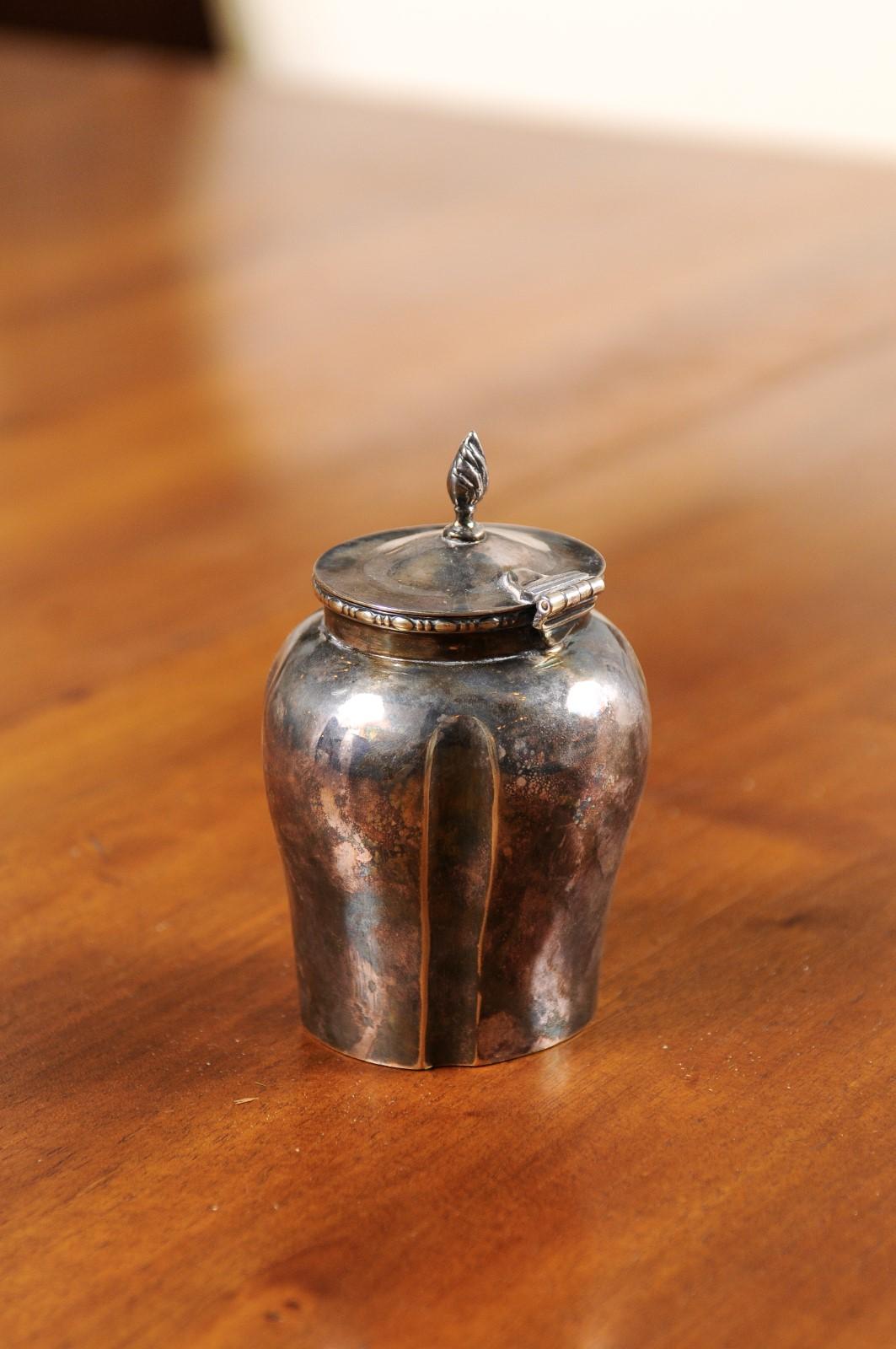 Petite English Electroplated Nickel on Silver Lidded Container with Flame Finial For Sale 3