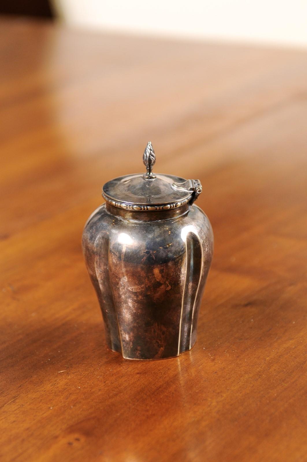 Petite English Electroplated Nickel on Silver Lidded Container with Flame Finial For Sale 4