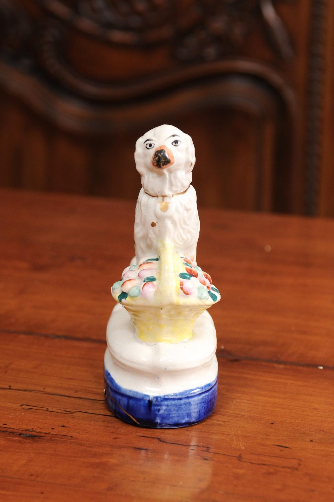 Petite English Michael Davis Porcelain Dog with Fruit Basket and Blue Oval Base For Sale 6