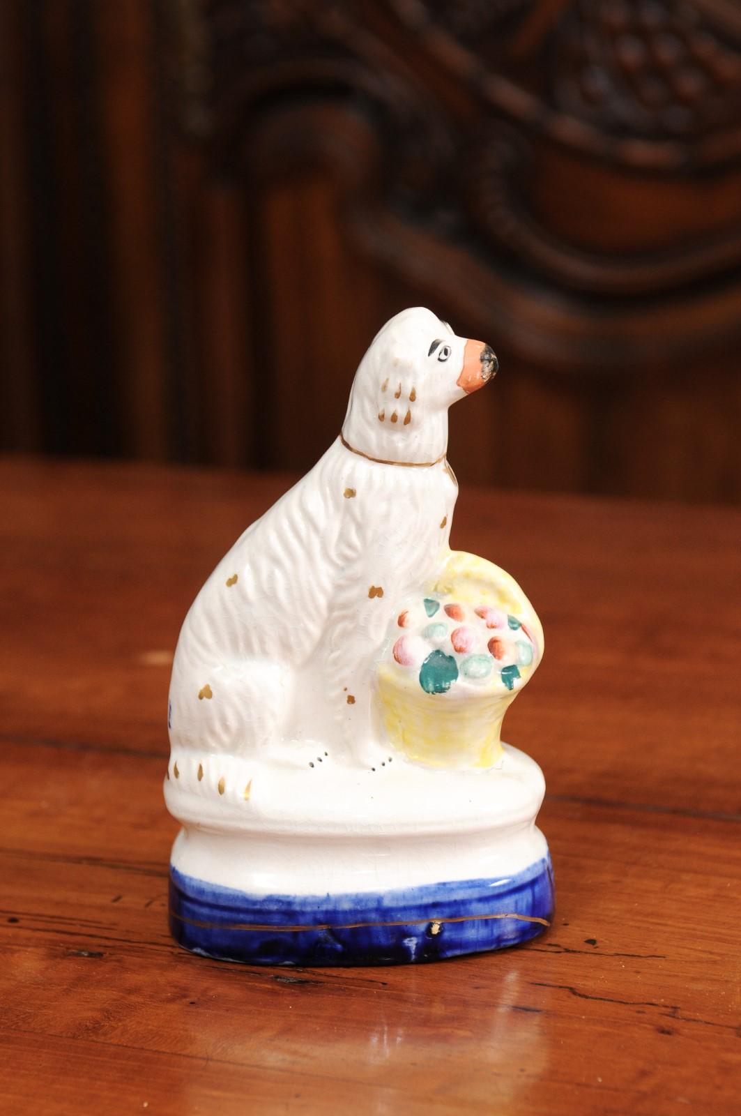 Petite English Michael Davis Porcelain Dog with Fruit Basket and Blue Oval Base For Sale 2