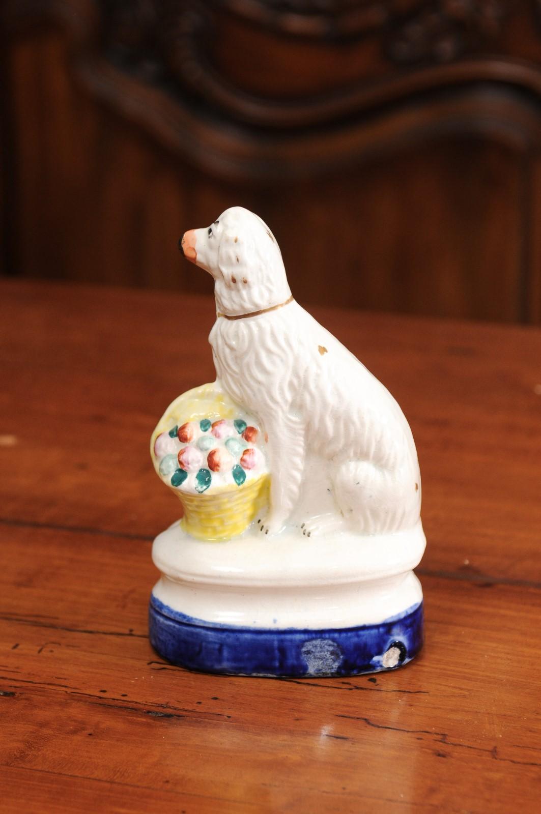 Petite English Michael Davis Porcelain Dog with Fruit Basket and Blue Oval Base For Sale 4