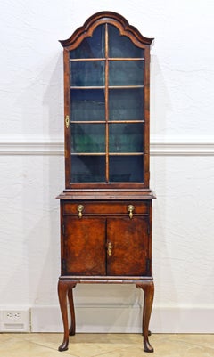 Petite English Queen Anne Style Burled Walnut Display/Curio Cabinet, Late 19th C
