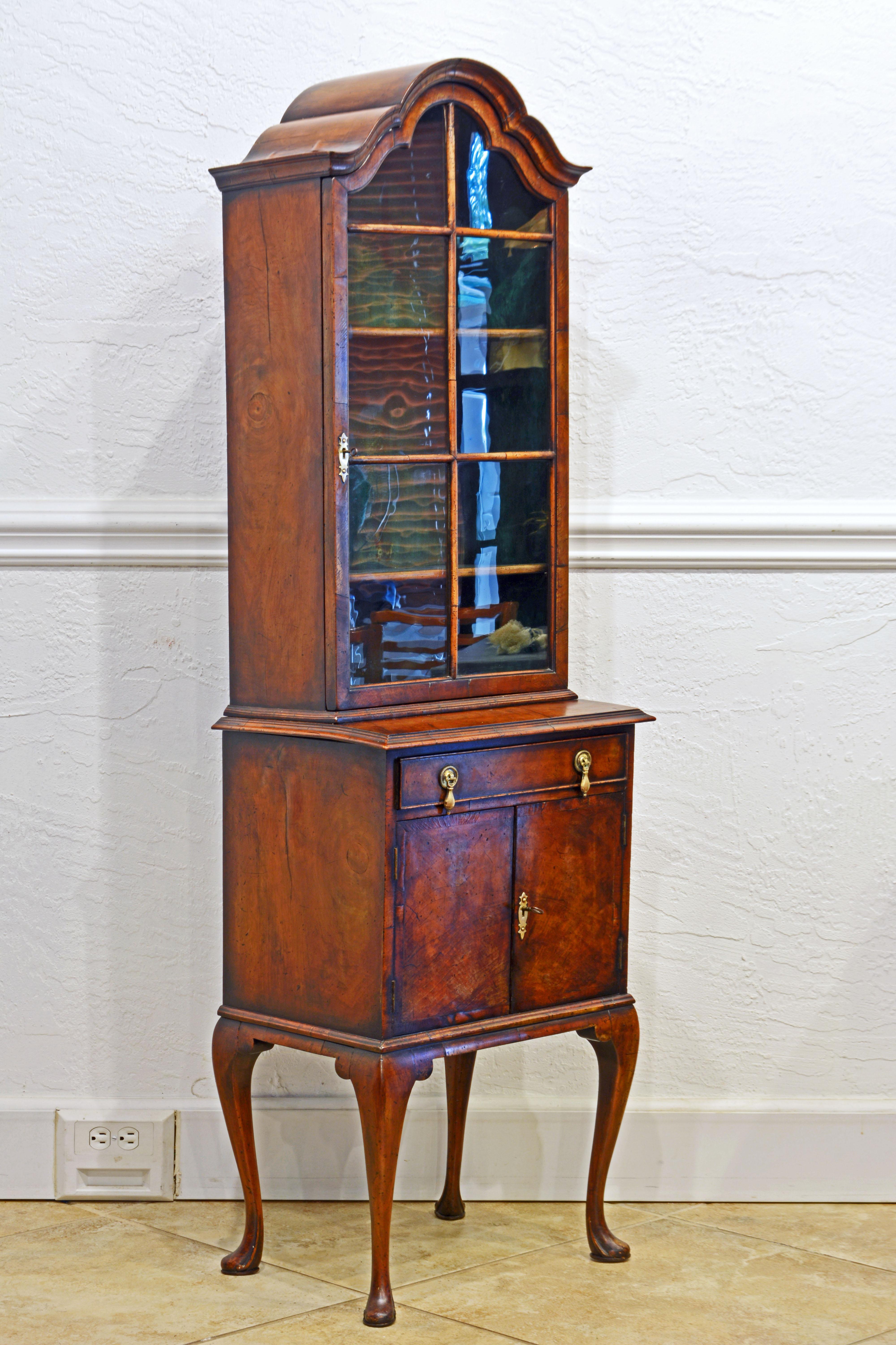 19th Century Petite English Queen Anne Style Burled Walnut Display/Curio Cabinet, Late 19th C