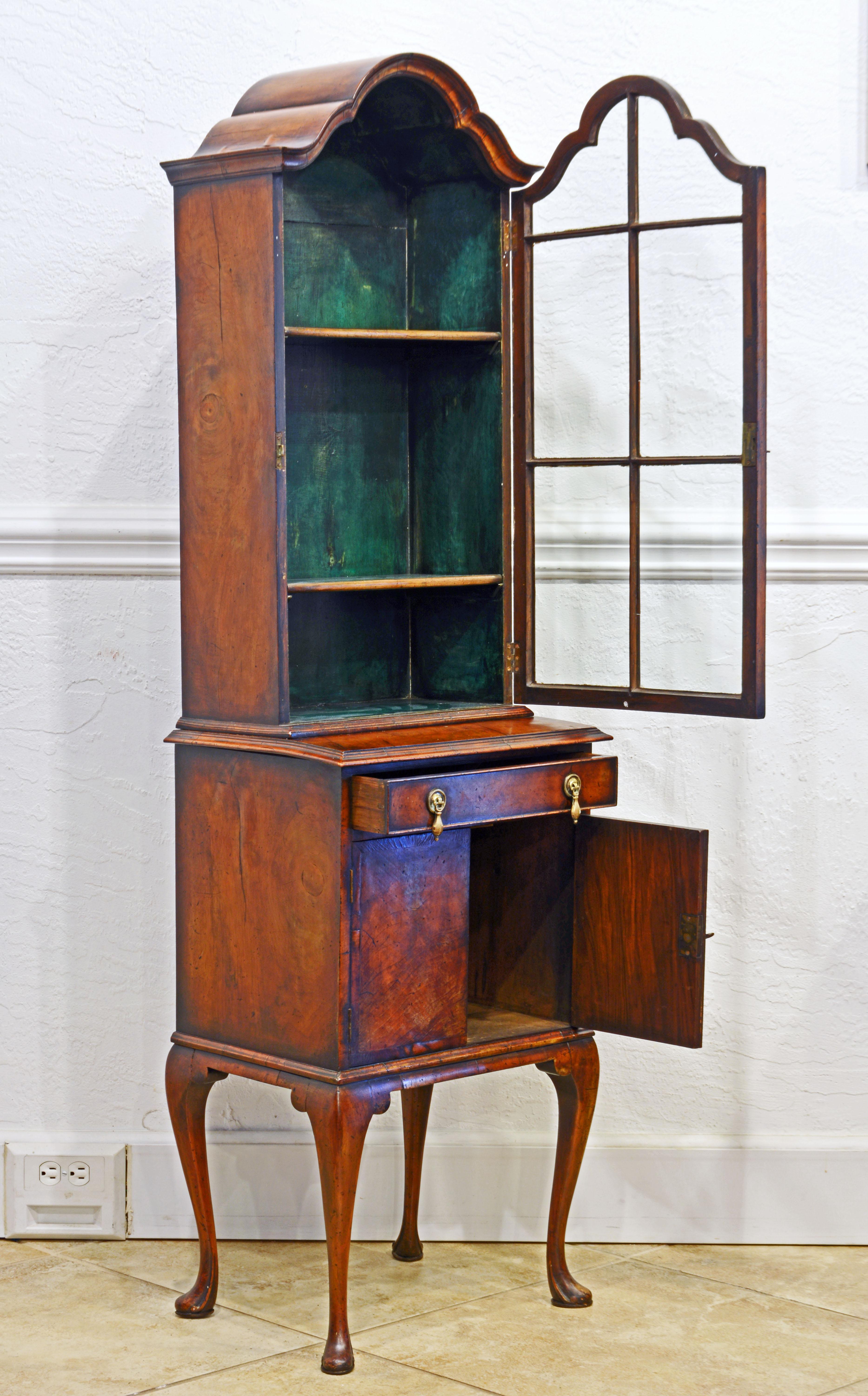 Brass Petite English Queen Anne Style Burled Walnut Display/Curio Cabinet, Late 19th C