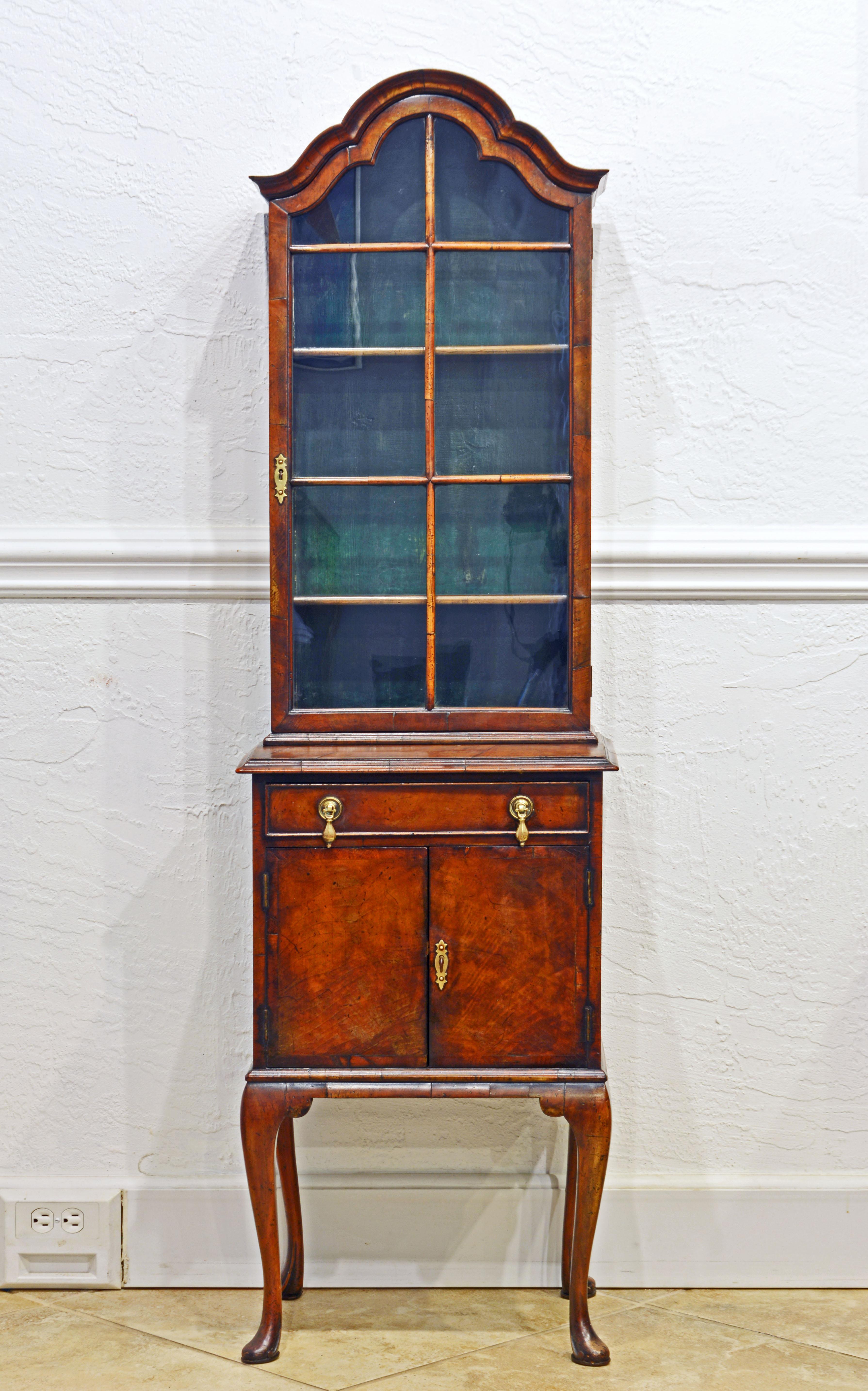 Petite English Queen Anne Style Burled Walnut Display/Curio Cabinet, Late 19th C 2