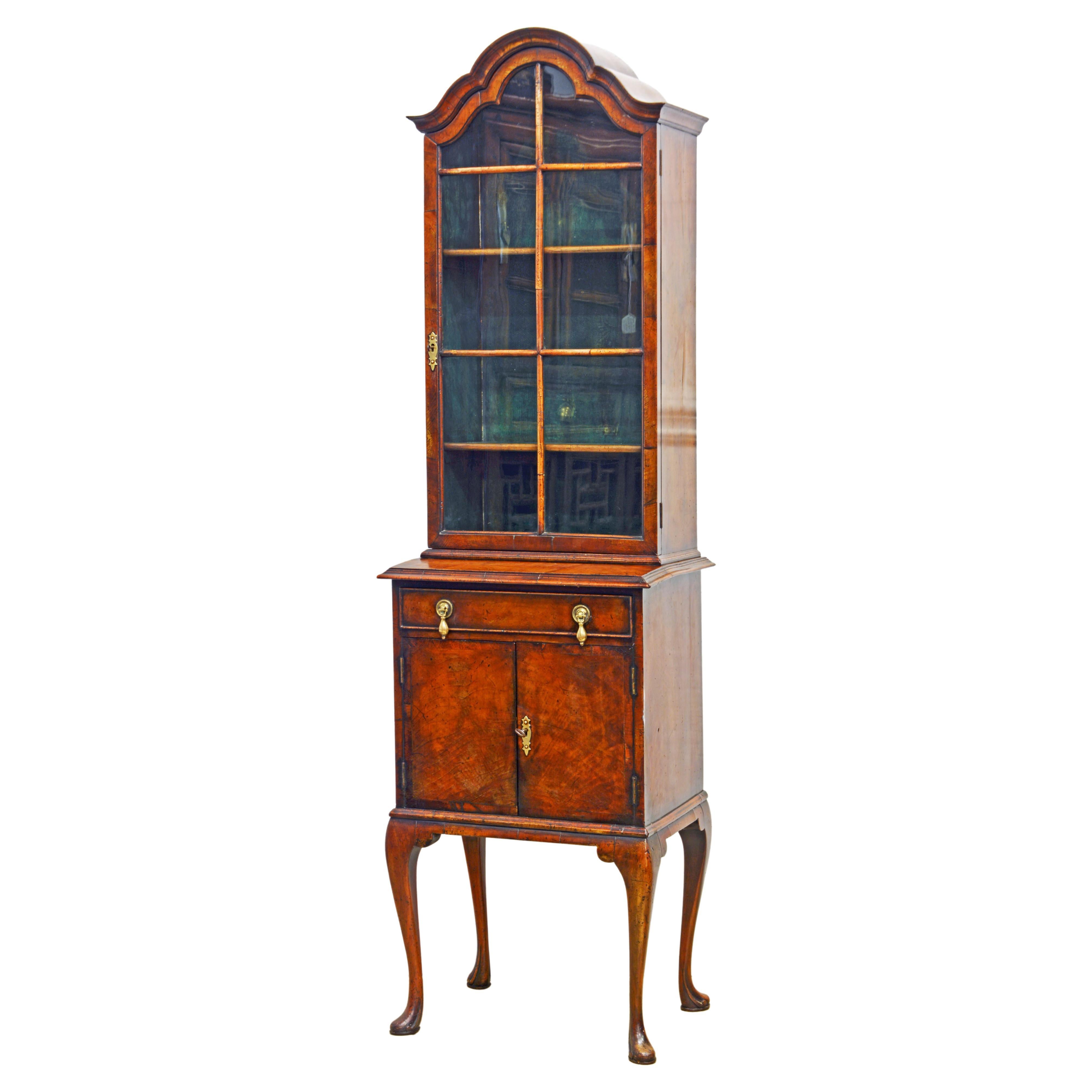 Petite English Queen Anne Style Burled Walnut Display/Curio Cabinet, Late 19th C