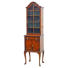 Antique Petite English Queen Anne Style Burled Walnut Display/Curio Cabinet, Late 19th C