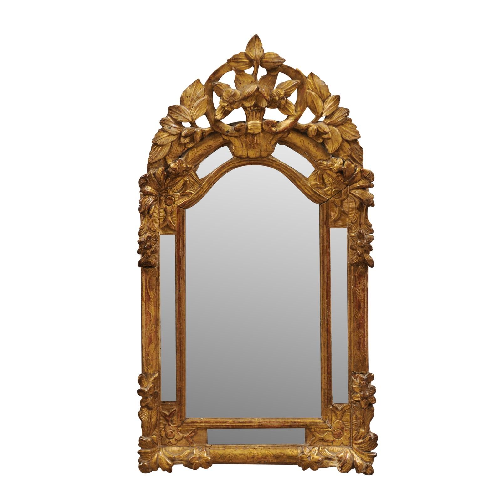 Petite English Regency Hand Carved Giltwood Parclose Mirror with Mercury Glass