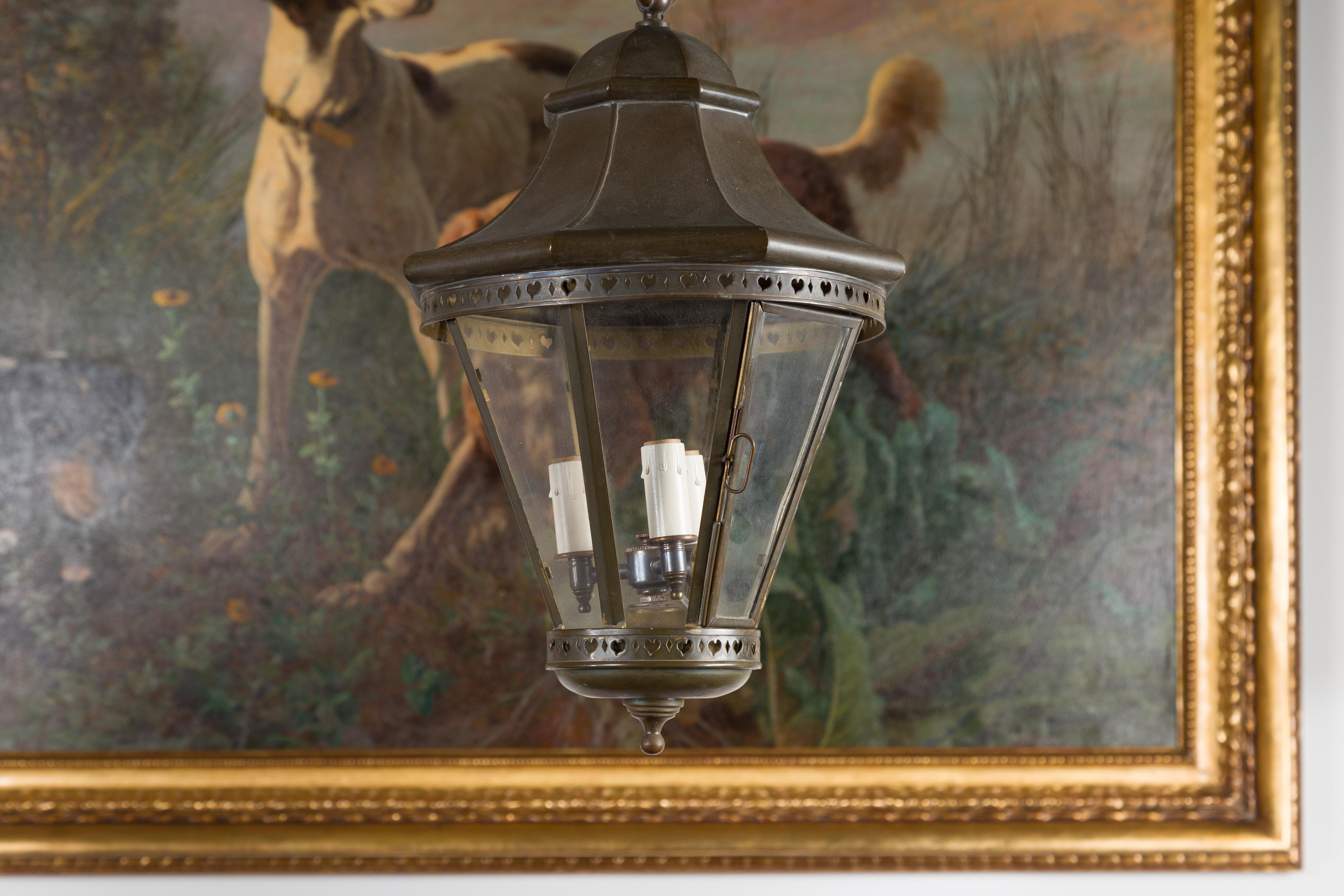 Petite English Turn of the Century Copper and Glass Lantern with Three Lights 6