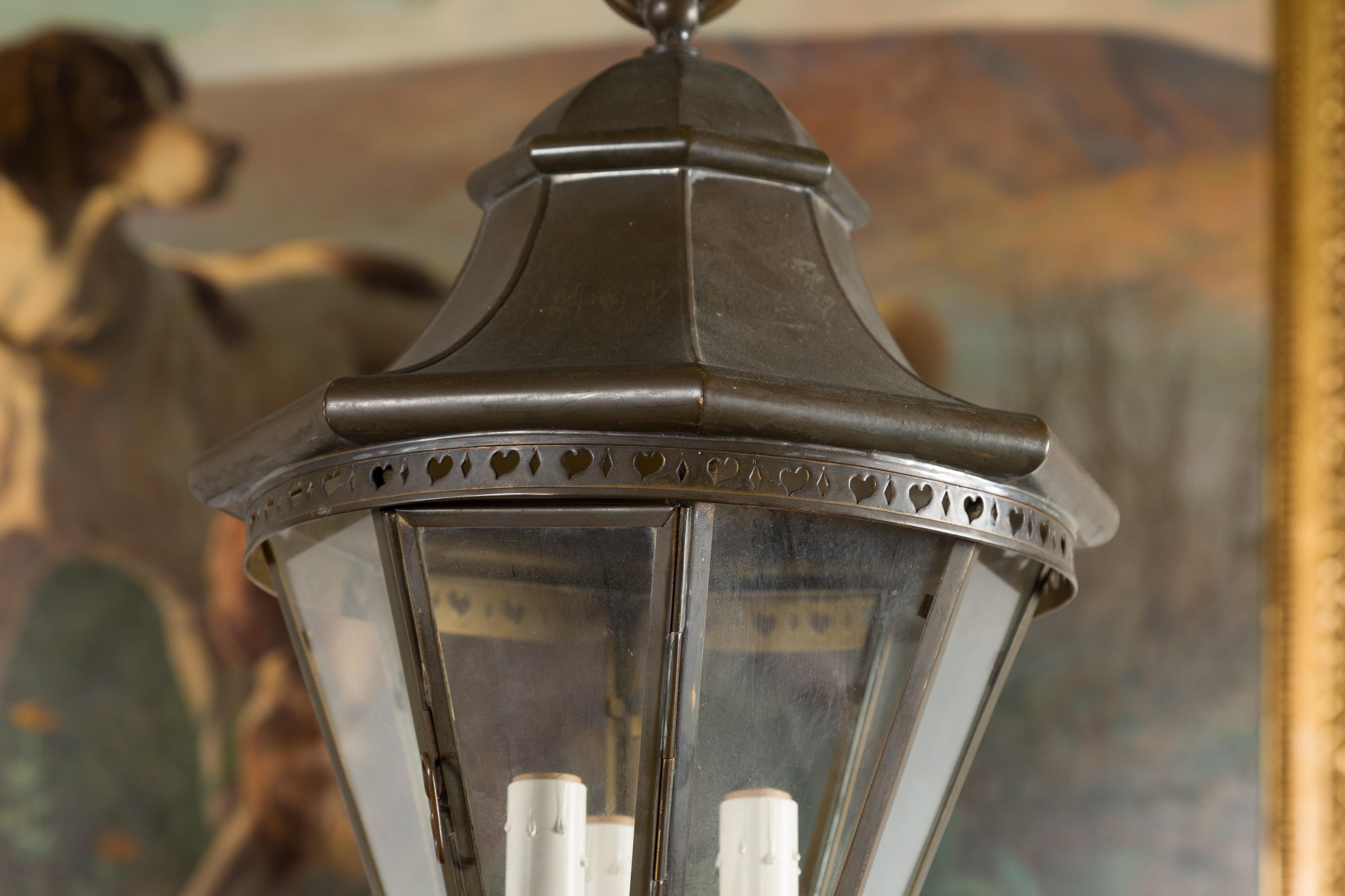 Petite English Turn of the Century Copper and Glass Lantern with Three Lights 7