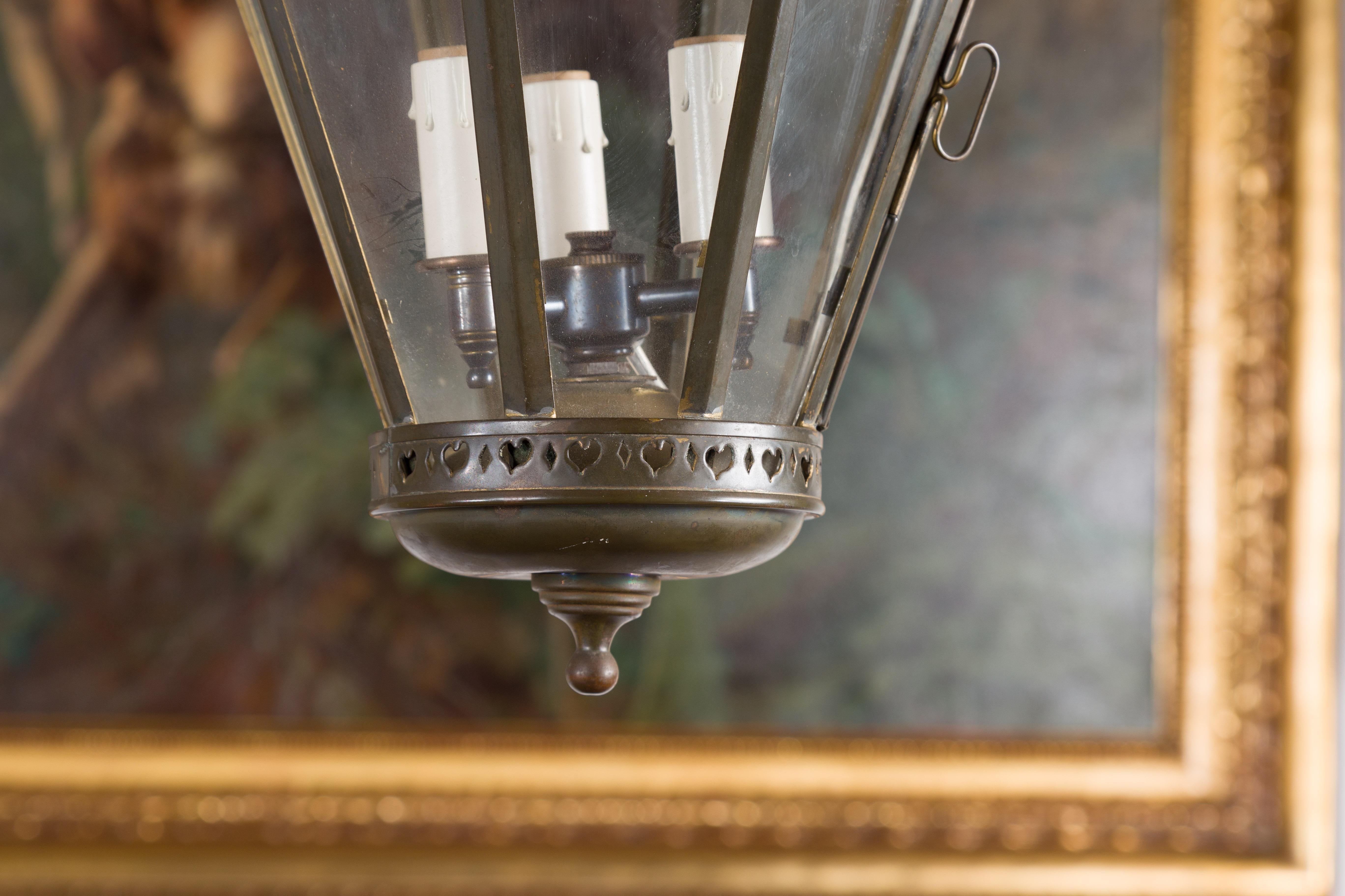 Petite English Turn of the Century Copper and Glass Lantern with Three Lights 9