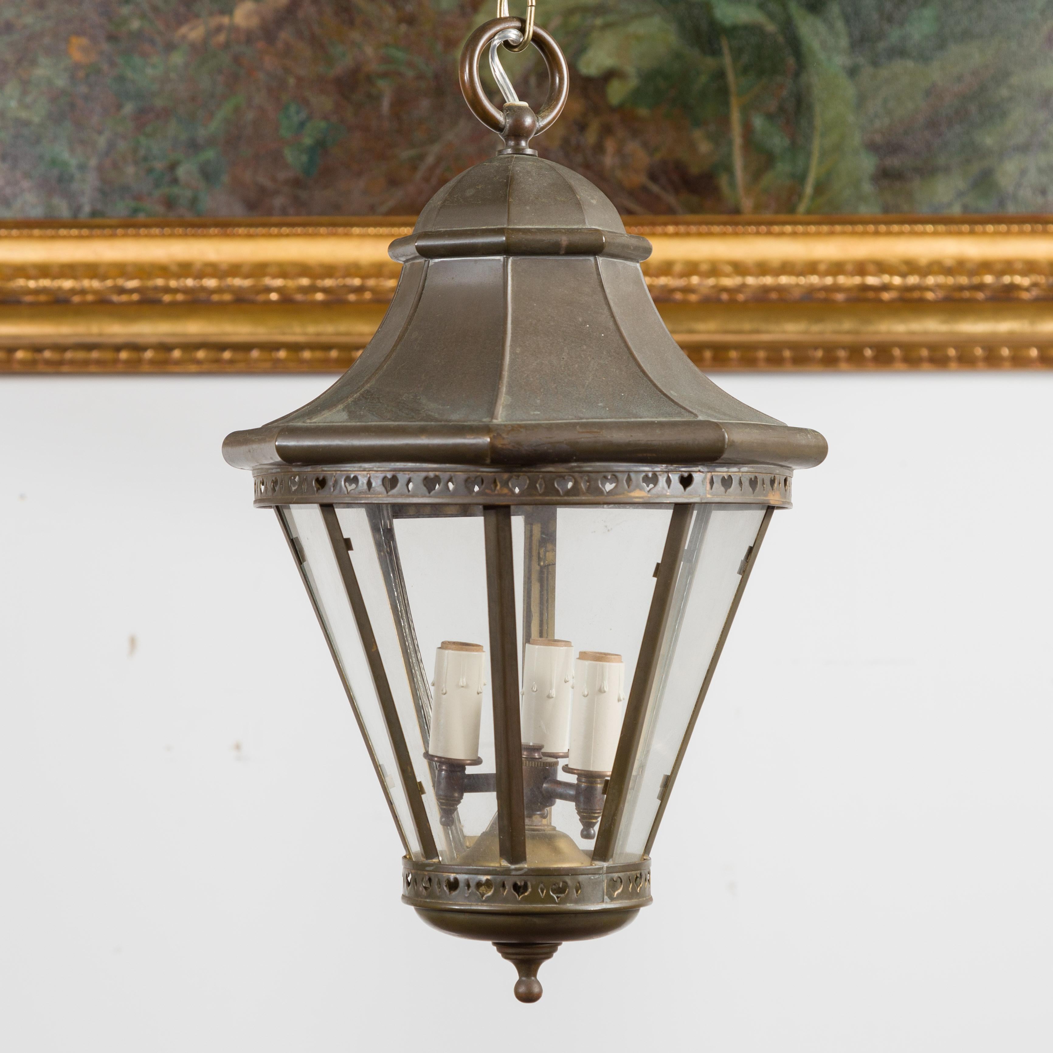Petite English Turn of the Century Copper and Glass Lantern with Three Lights In Good Condition In Atlanta, GA