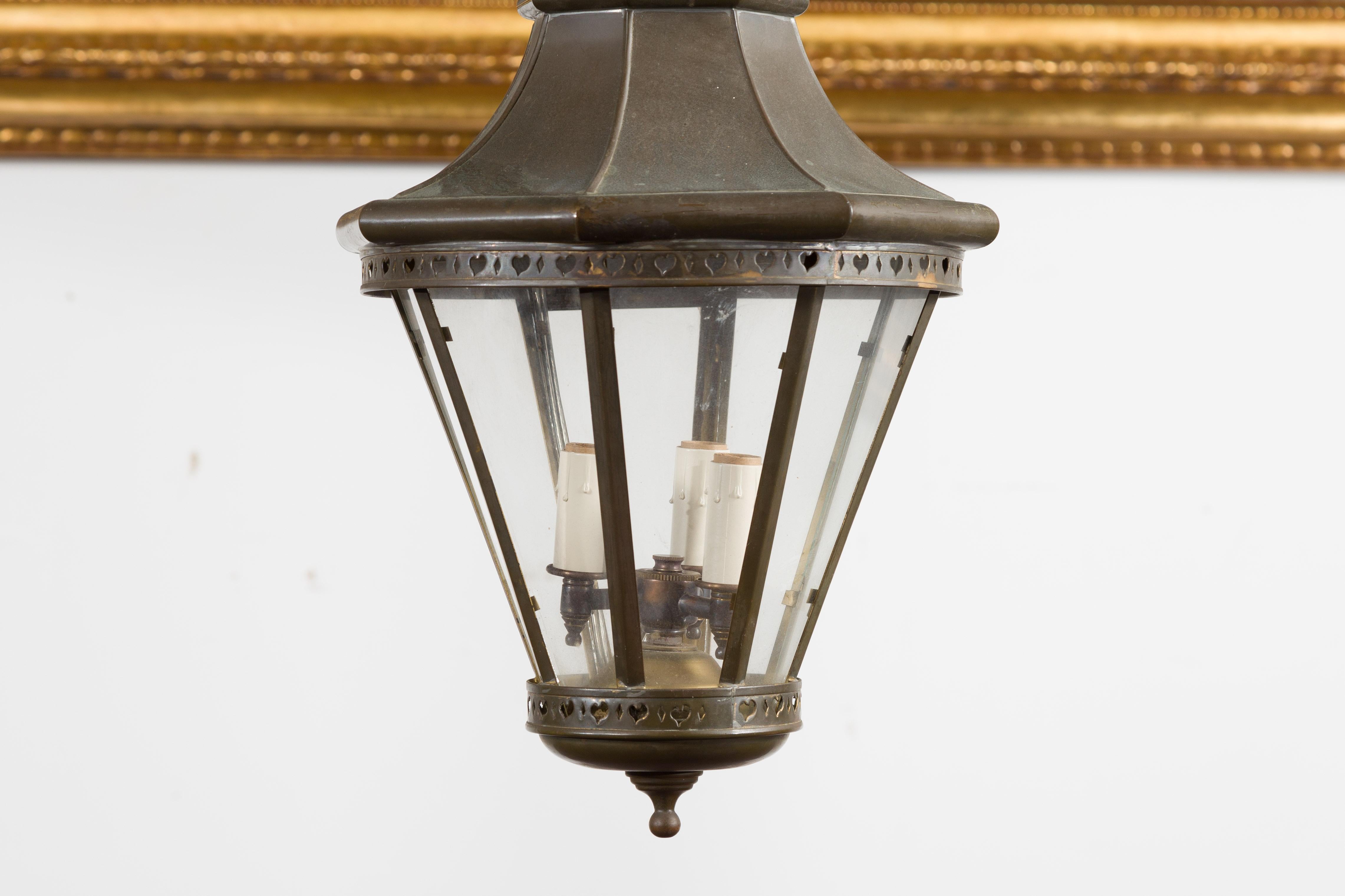 20th Century Petite English Turn of the Century Copper and Glass Lantern with Three Lights