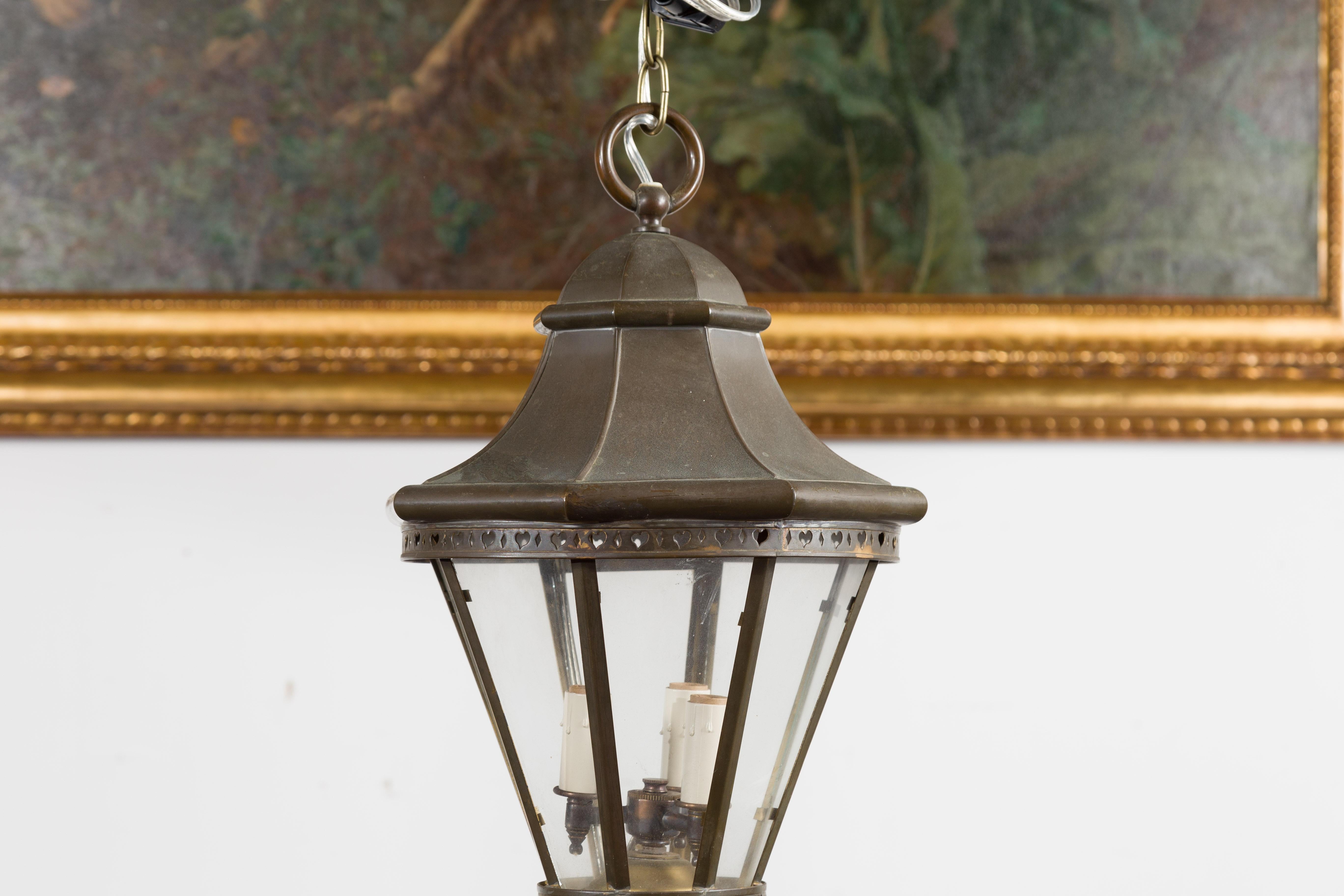 Petite English Turn of the Century Copper and Glass Lantern with Three Lights 1