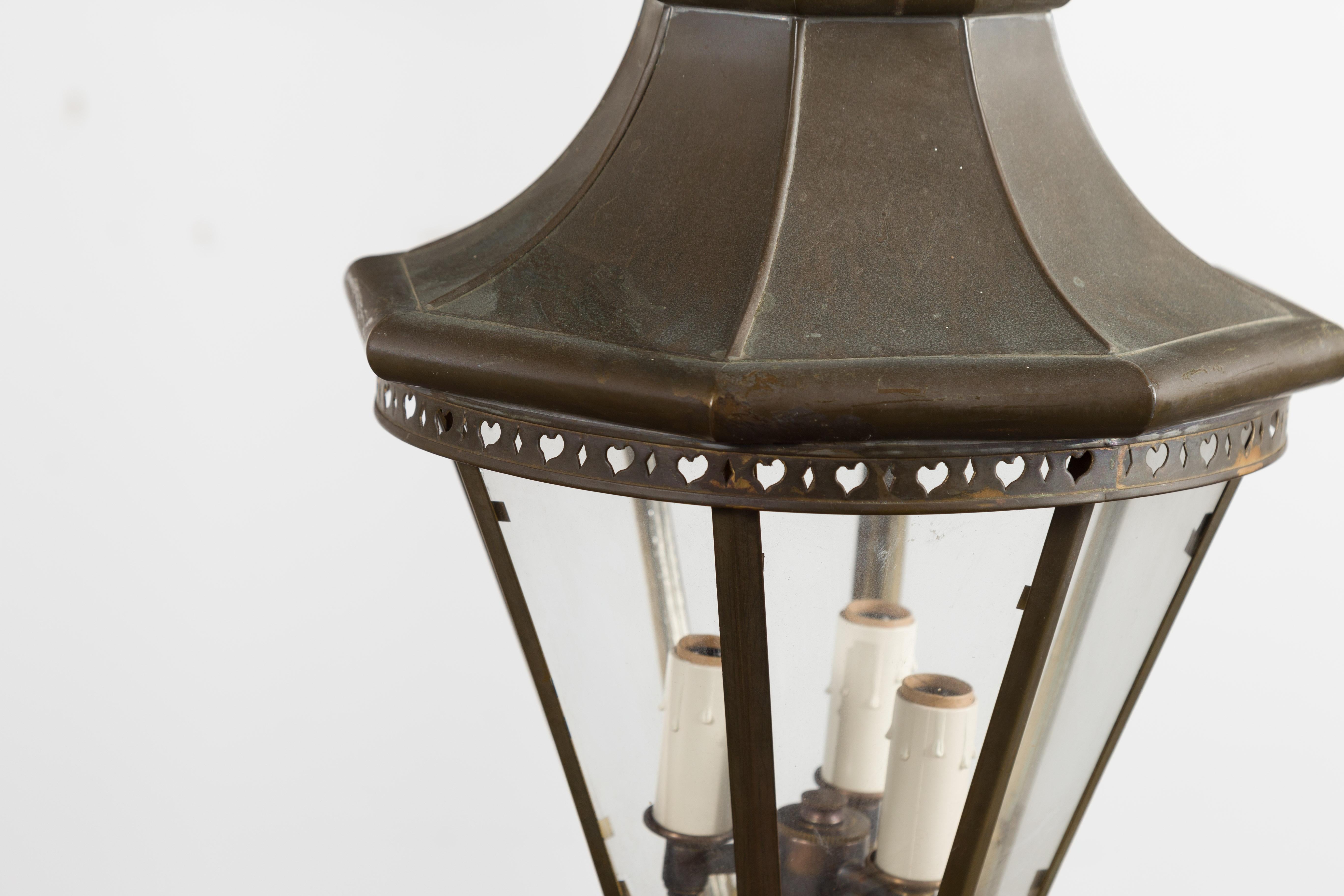 Petite English Turn of the Century Copper and Glass Lantern with Three Lights 3