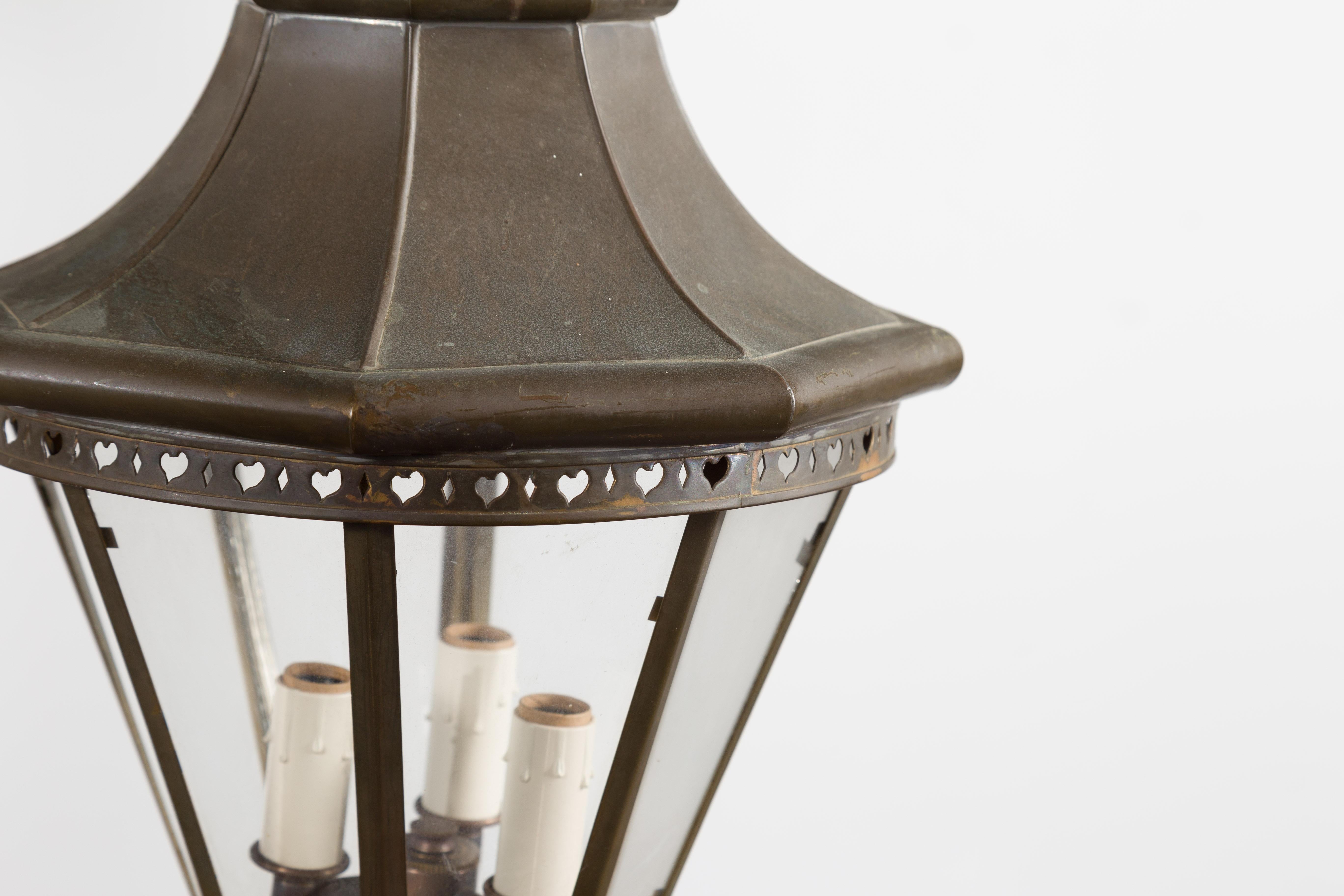 Petite English Turn of the Century Copper and Glass Lantern with Three Lights 4