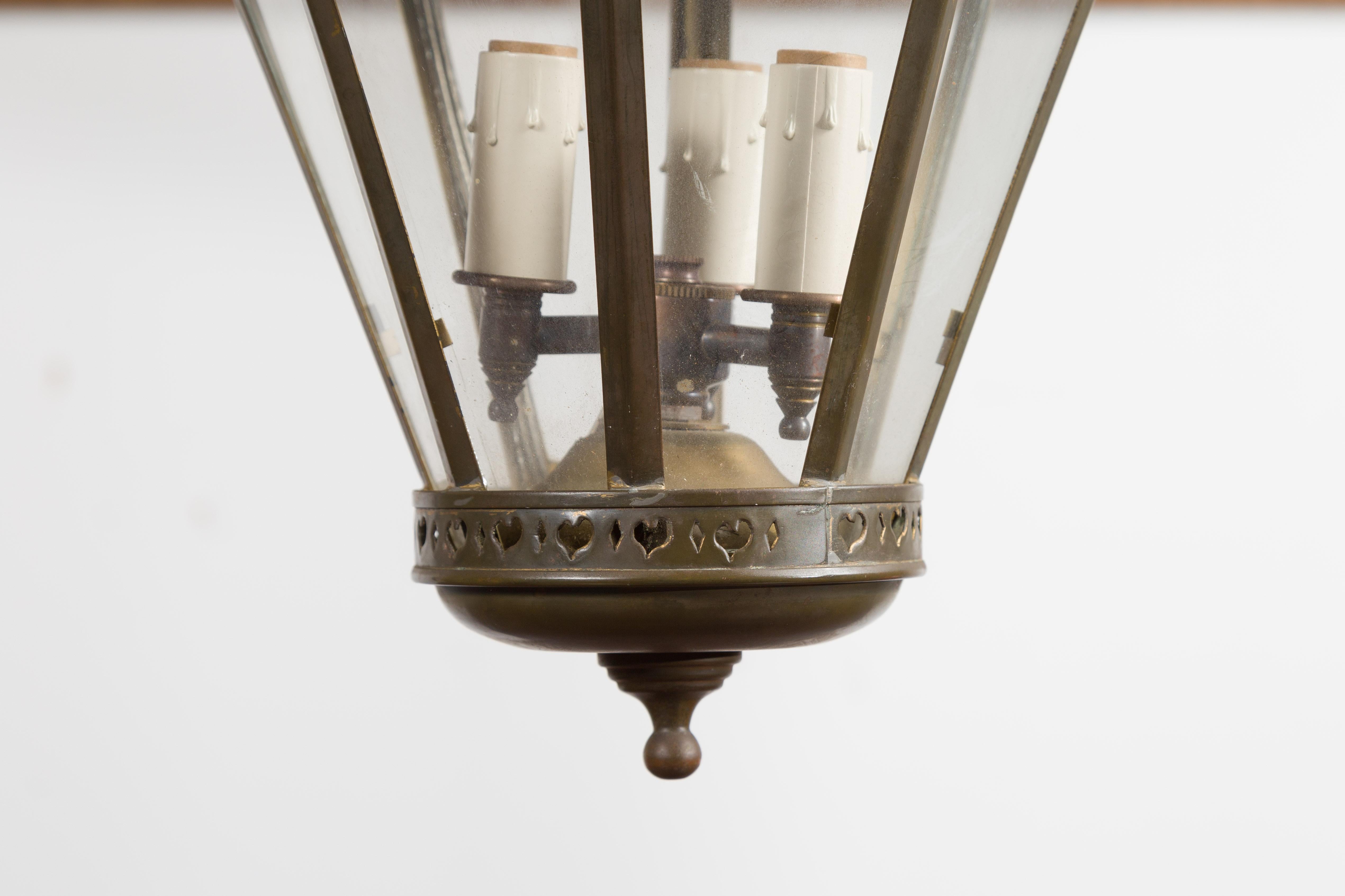 Petite English Turn of the Century Copper and Glass Lantern with Three Lights 5