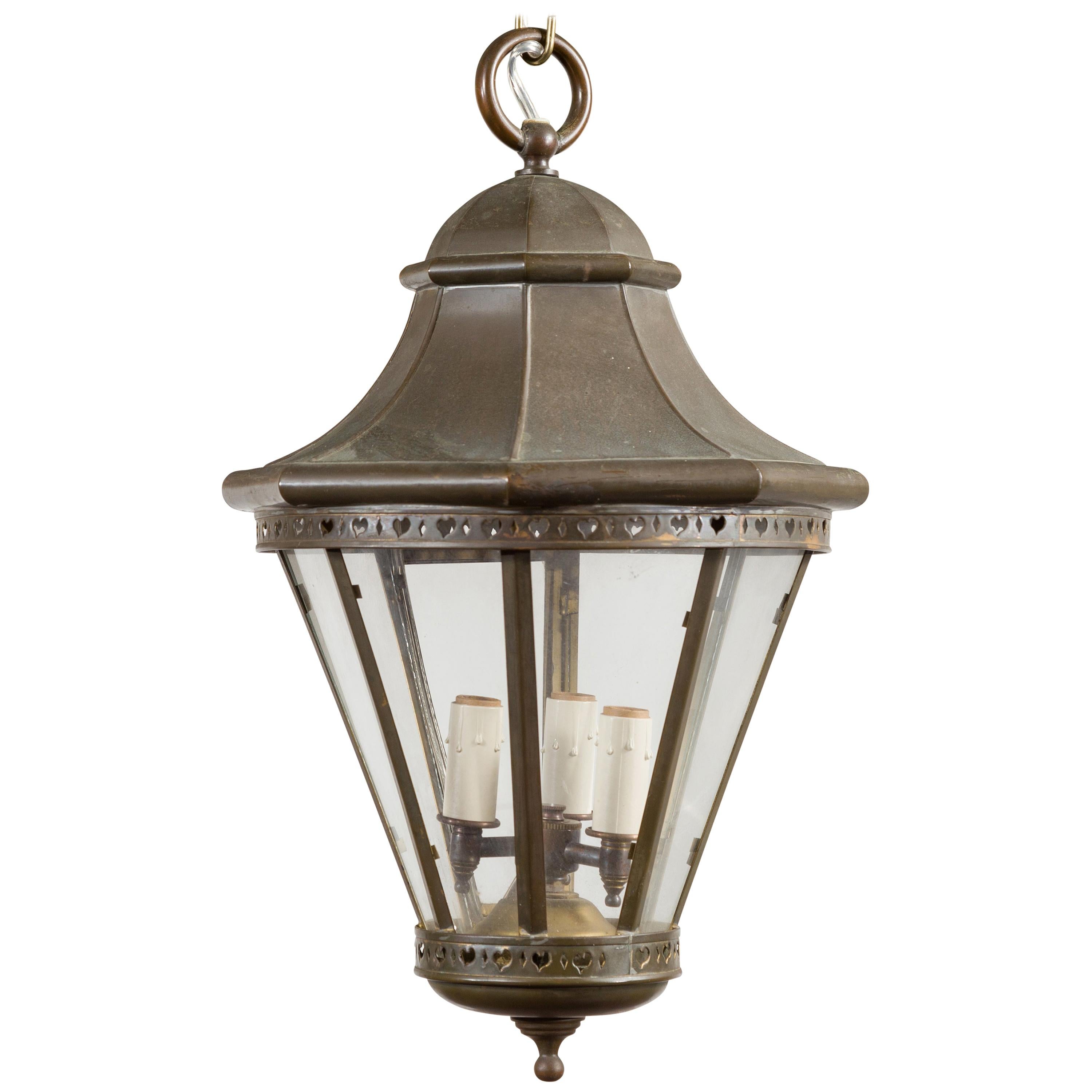 Petite English Turn of the Century Copper and Glass Lantern with Three Lights