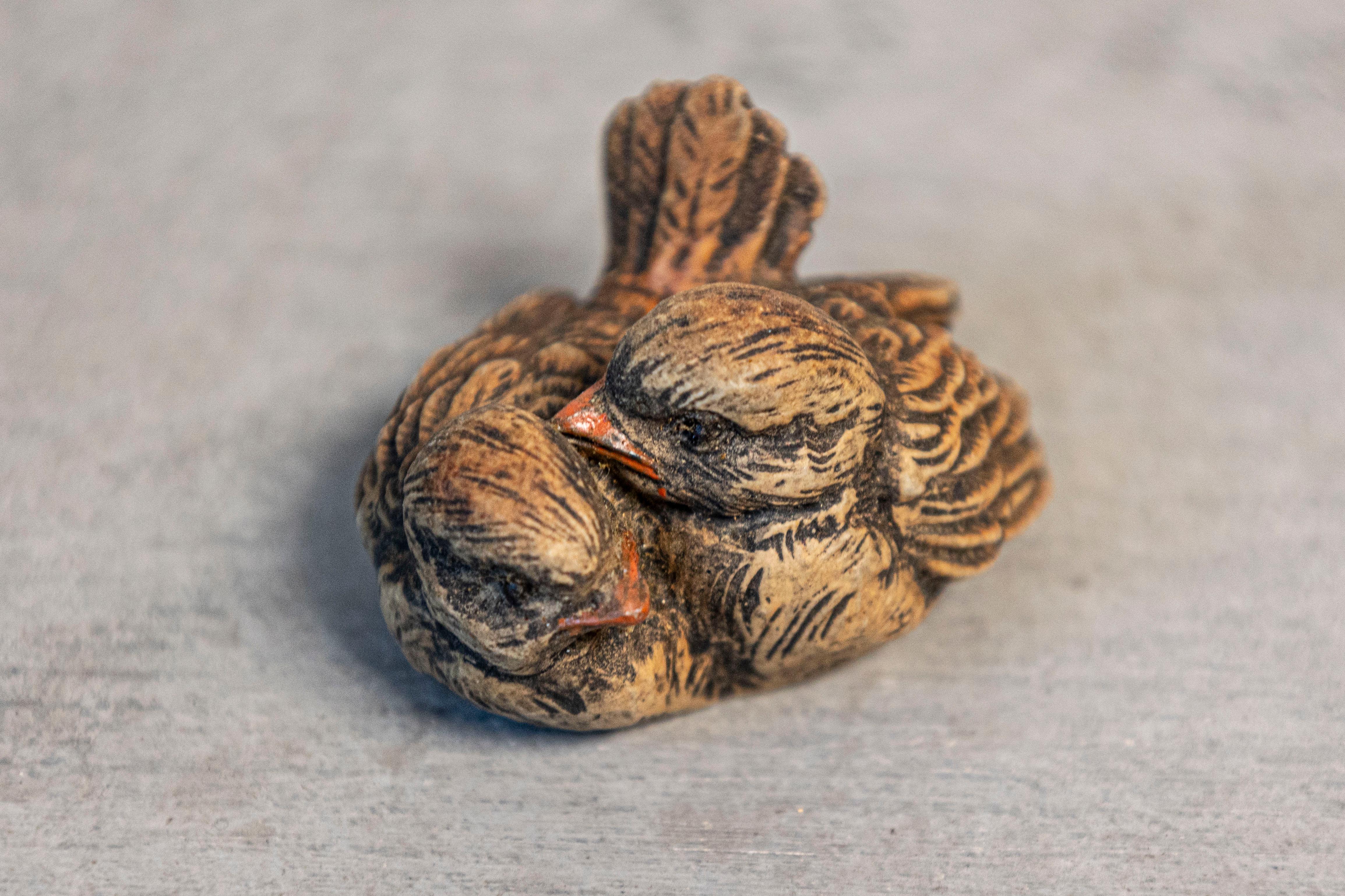 A petite antique English Victorian period small carved wooden sculpted group from the 19th century depicting two small birds nesting with each other and accented with orange paint. Created in England during the reign of Queen Victoria, this very