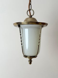 Petite European Art Deco Opaline Glass and Brass Hall Lantern, circa 1930