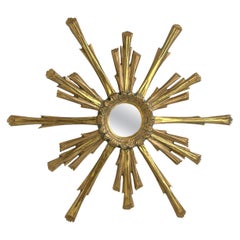 Petite Exceptional Starburst Sunburst Gilded Wood Mirror, Austria 1920s