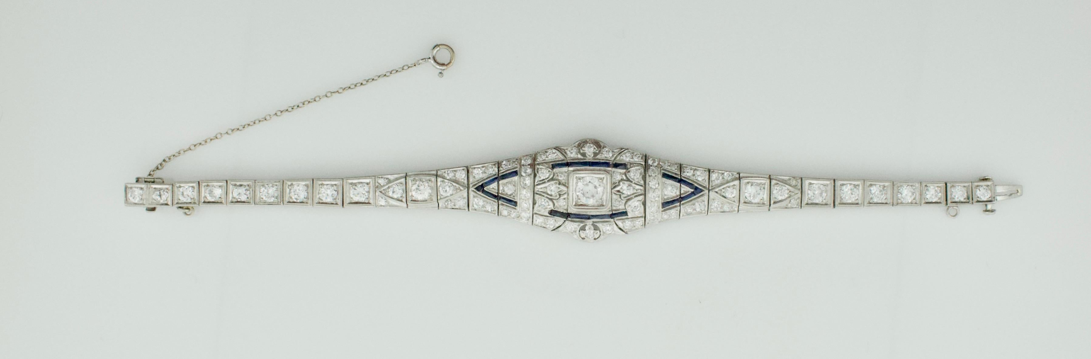 Petite Extreme Art Deco Platinum Diamond and Synthetic Sapphire Bracelet c.1920
Looking for a vintage piece of jewelry that is truly one of a kind? Look no further than this Extreme Art Deco Lady's Platinum Diamond/Synthetic Sapphire Circa 1920's