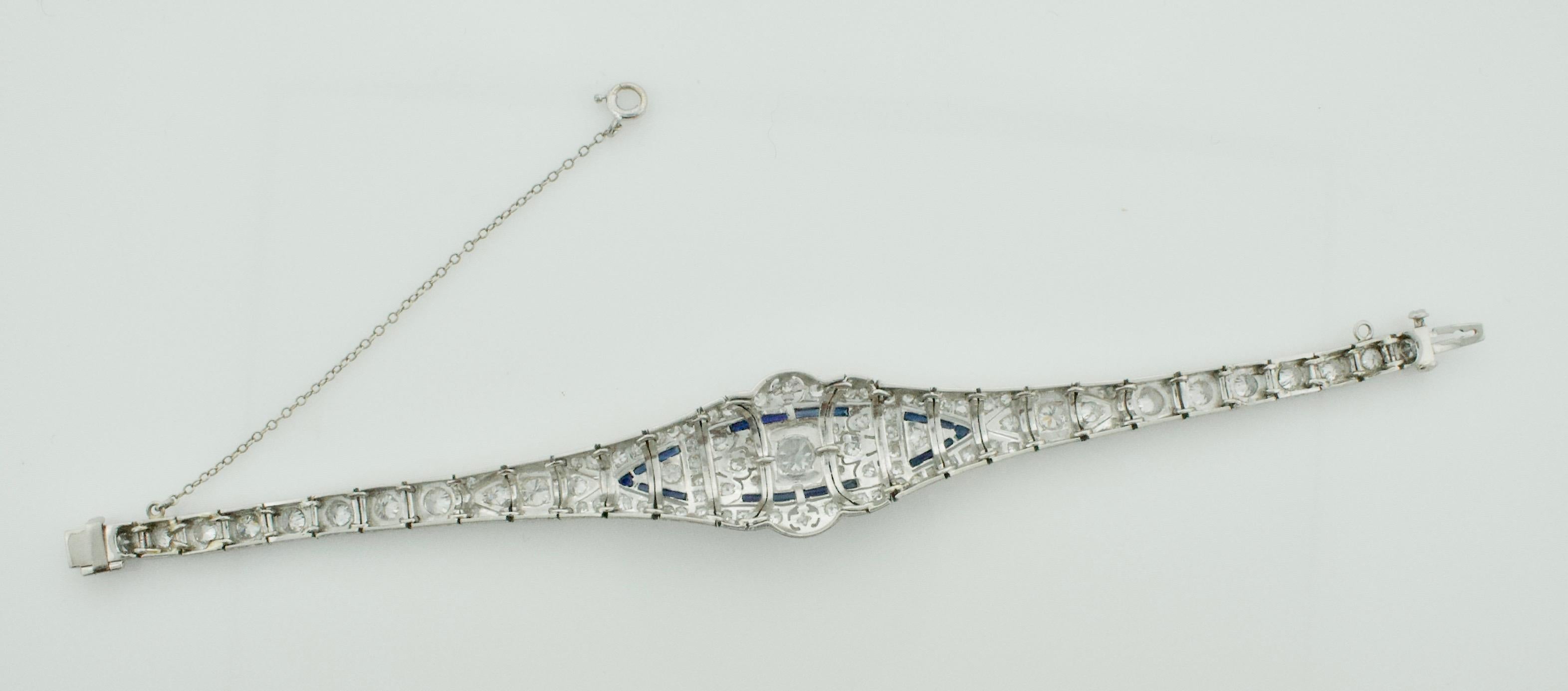 Petite Extreme Art Deco Platinum Diamond and Synthetic Sapphire Bracelet C.1920 In Good Condition In Wailea, HI