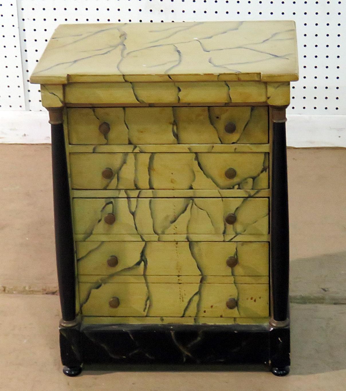 Petite faux marble 4-drawer distressed painted chest with ebonized accents and 2 - 10