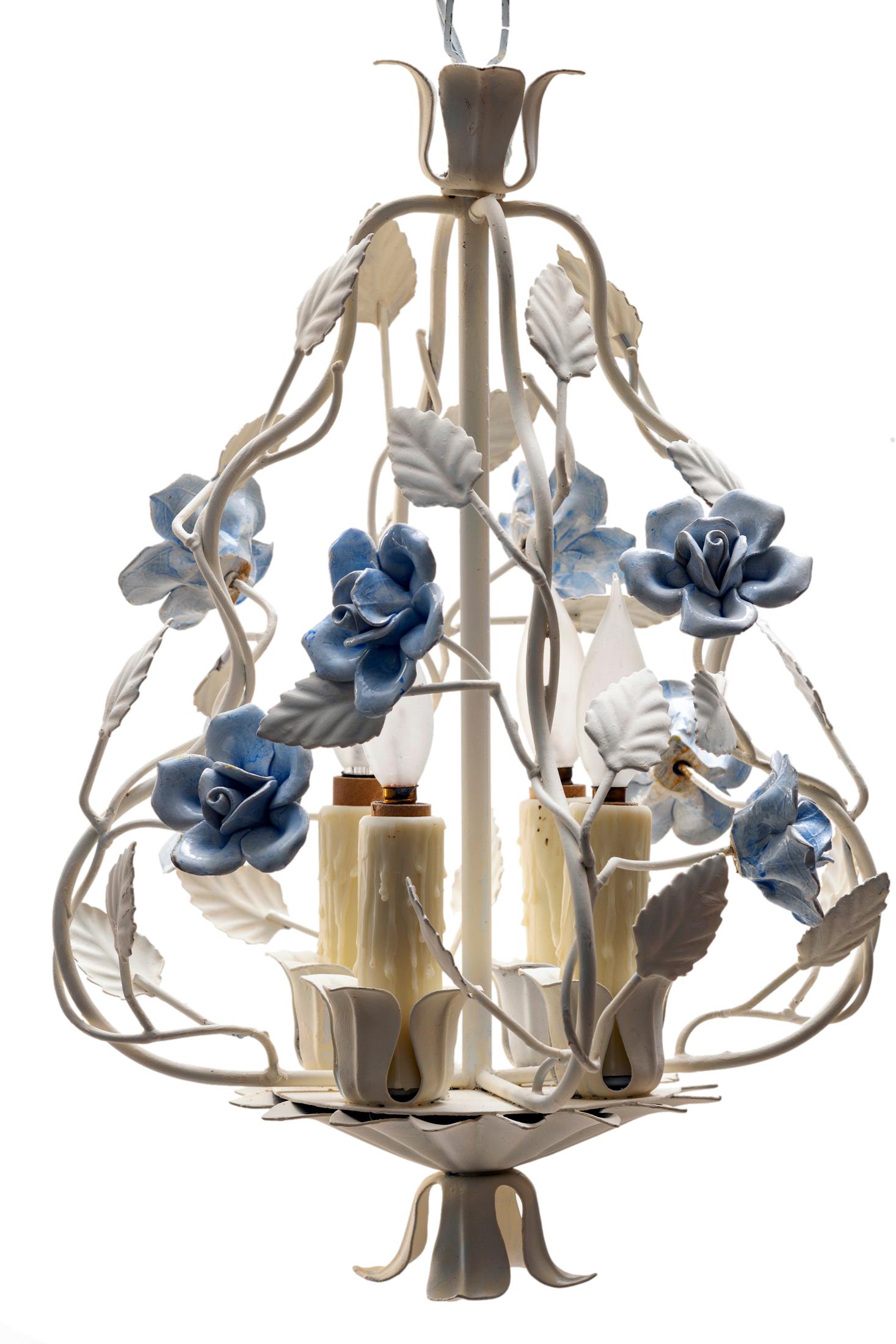 Mid-Century Modern Petite Fixture with Blue Ceramic Flowers For Sale
