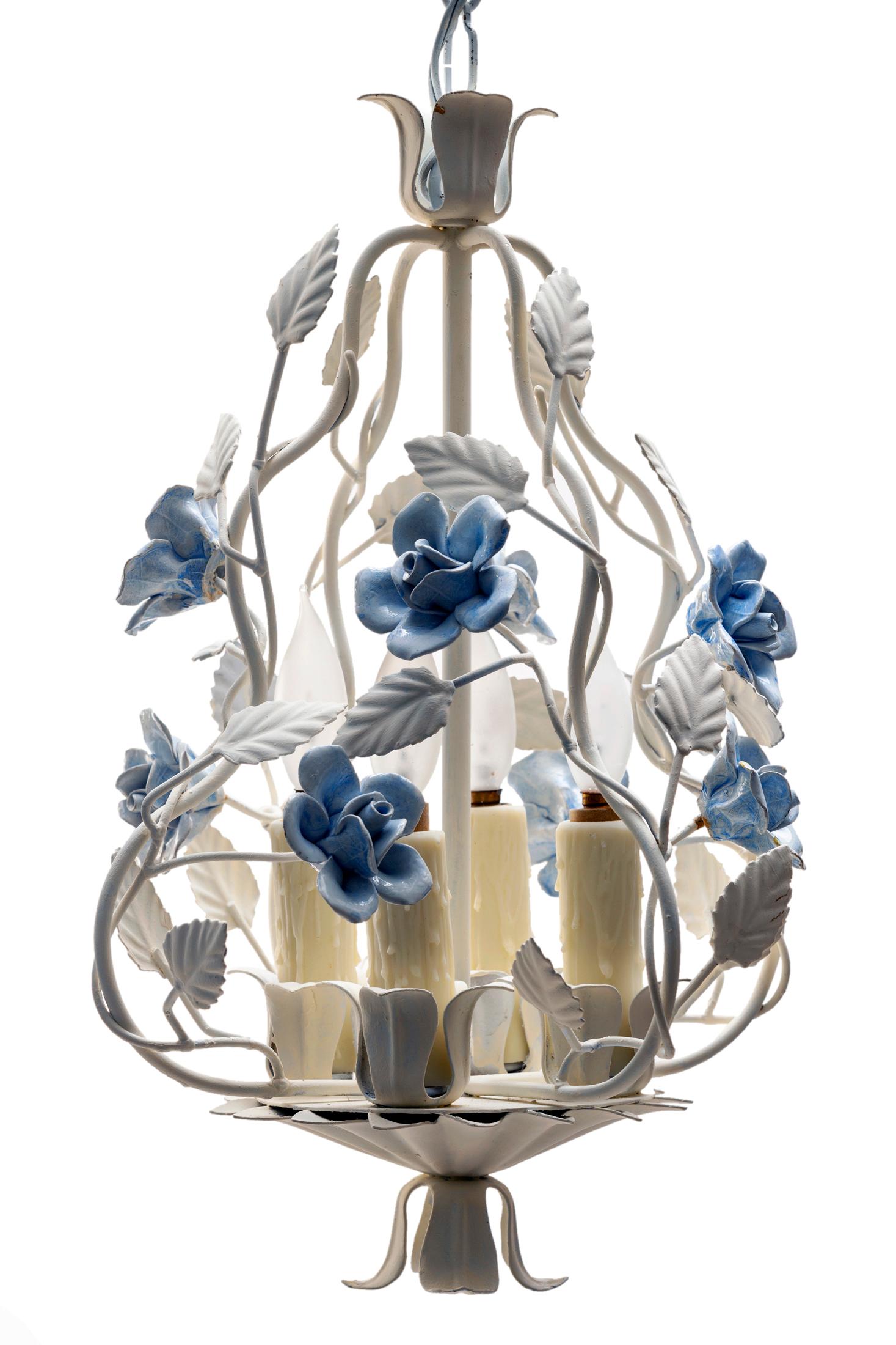 Italian Petite Fixture with Blue Ceramic Flowers For Sale