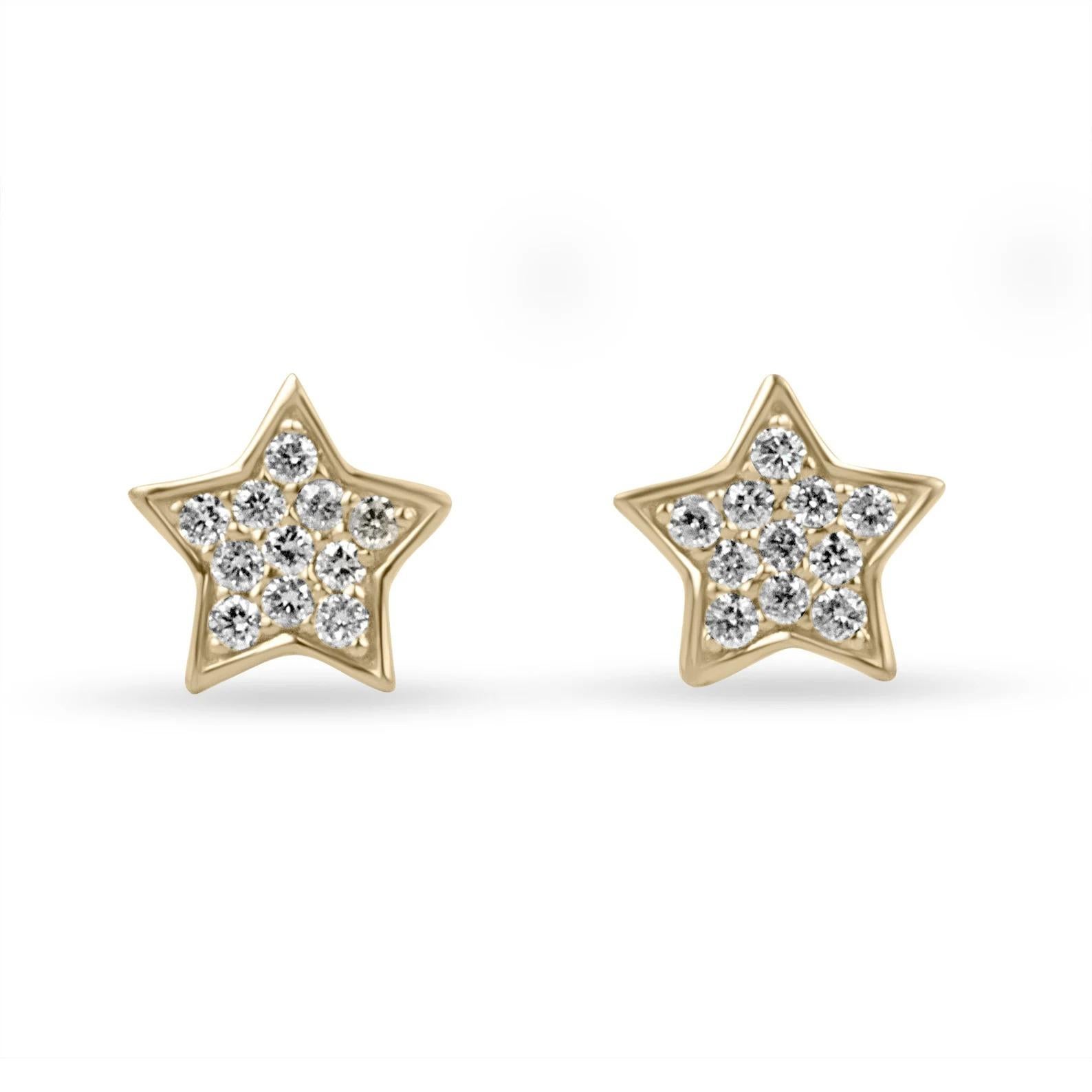 A wonderful and lively pair of natural diamond flat star stud earrings. This petite yet magical pair showcases 0.14-carats total of sparky white brilliant round cut diamonds pave set within. Crafted in 14K gold, in the color of your choice. The