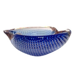 Petit cendrier en verre de Murano bleu, rose, transparent, Flavio Poli, vintage, Italie, années 1970