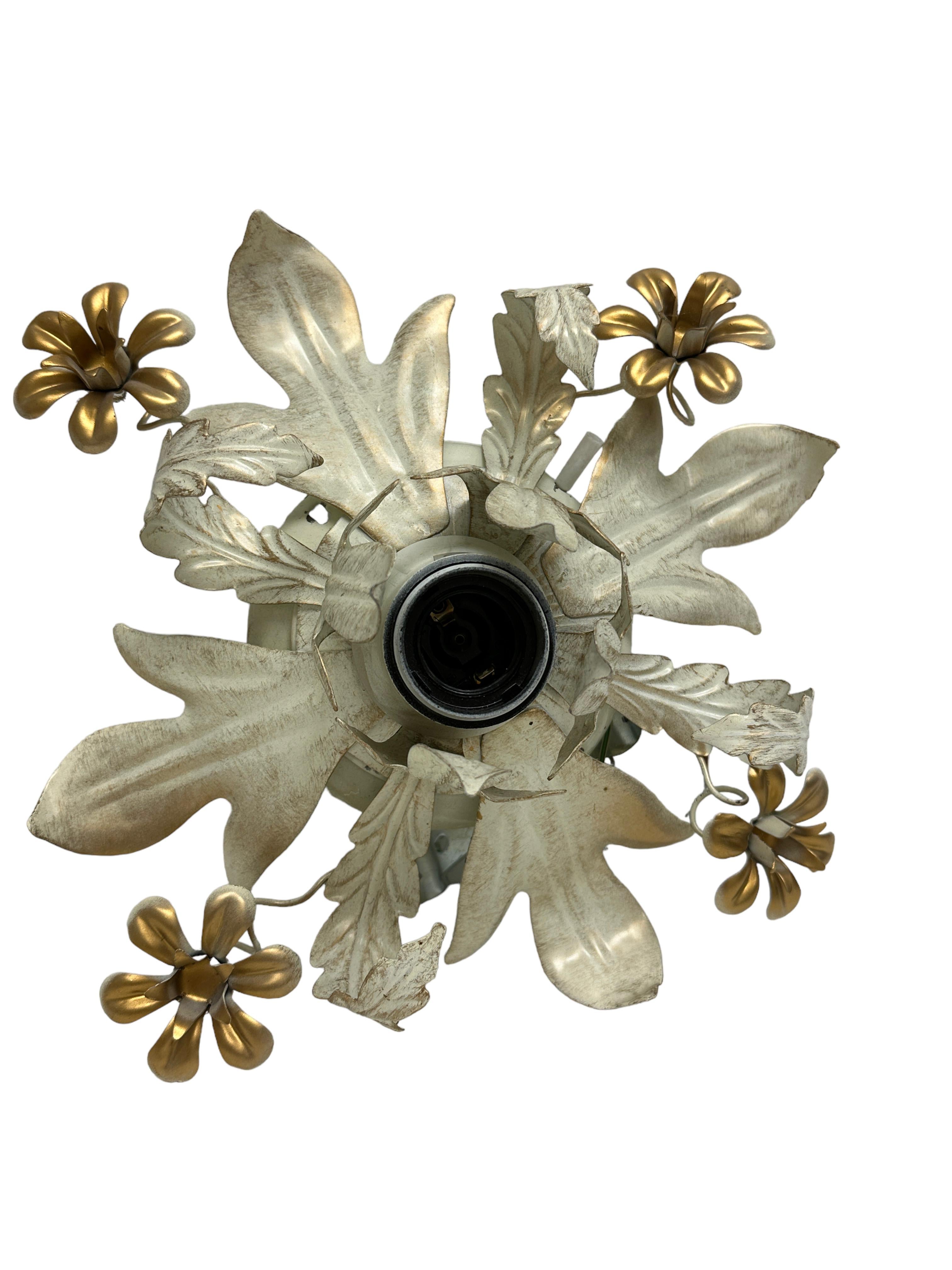 Italian Petite Florentine Flower and Leaf Flush Mount Ceiling Light Vintage, Italy