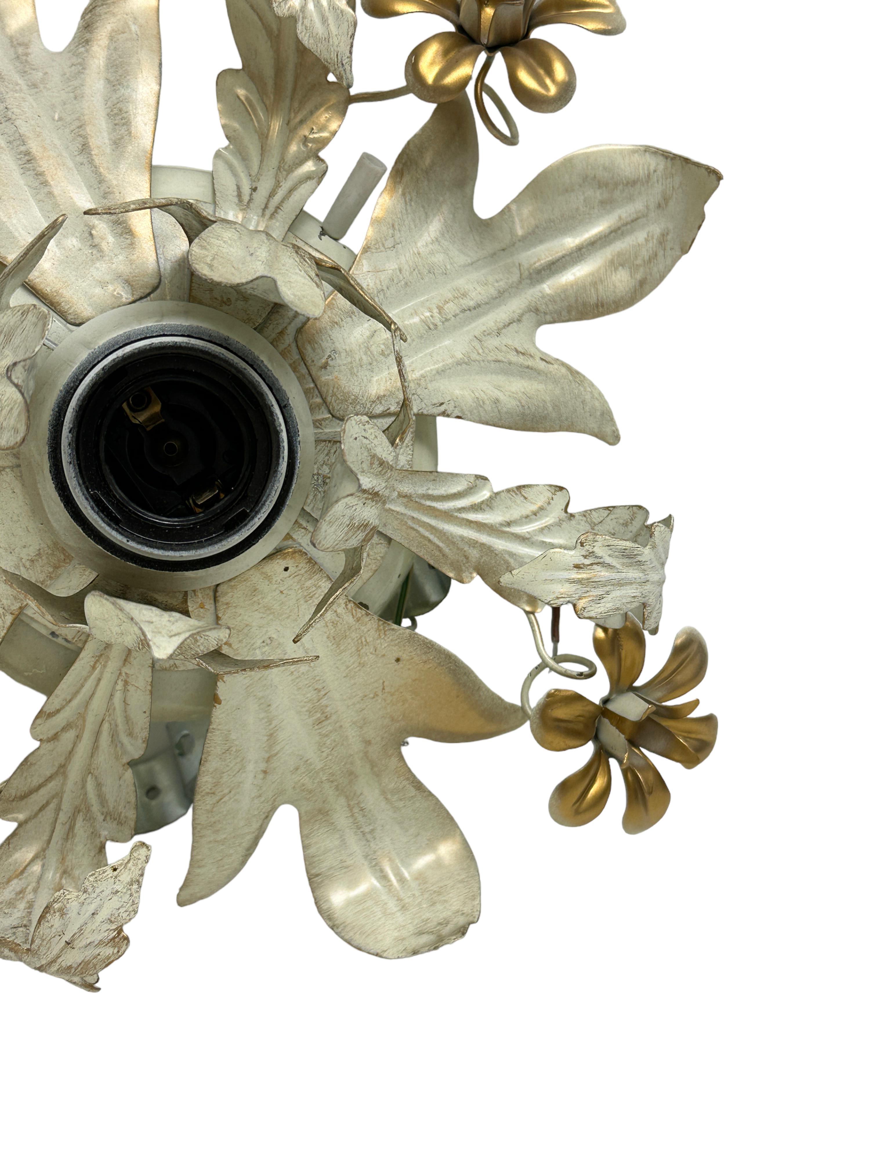 Late 20th Century Petite Florentine Flower and Leaf Flush Mount Ceiling Light Vintage, Italy