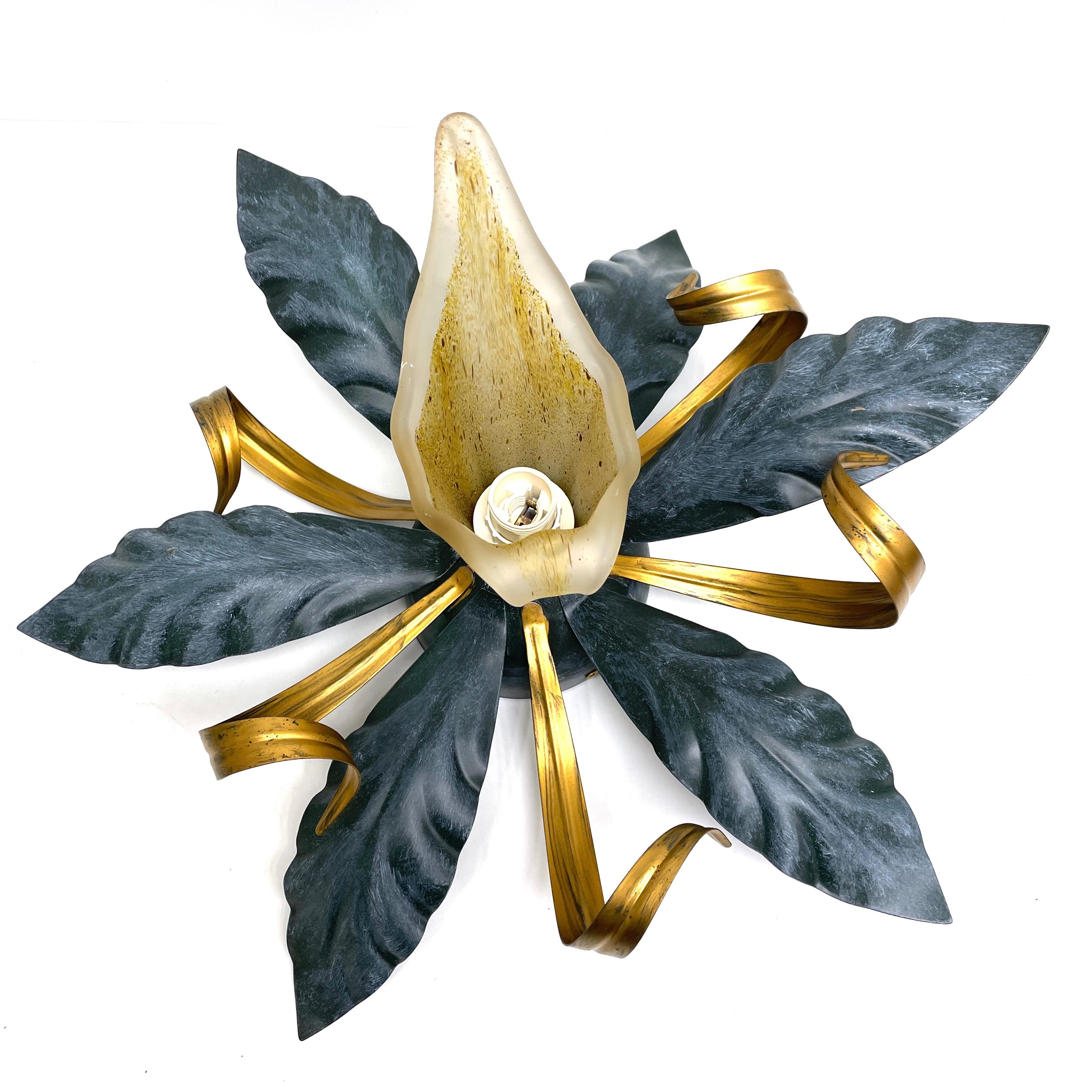 This floral Hollywood Regency or Florentine flush mount is decorated with glass Shades and metal leaves. Flower calyx made of heavy Murano Glass. The fixture requires one European E14 / 110 Volt candelabra bulb, up to 40 watts. This light fixture