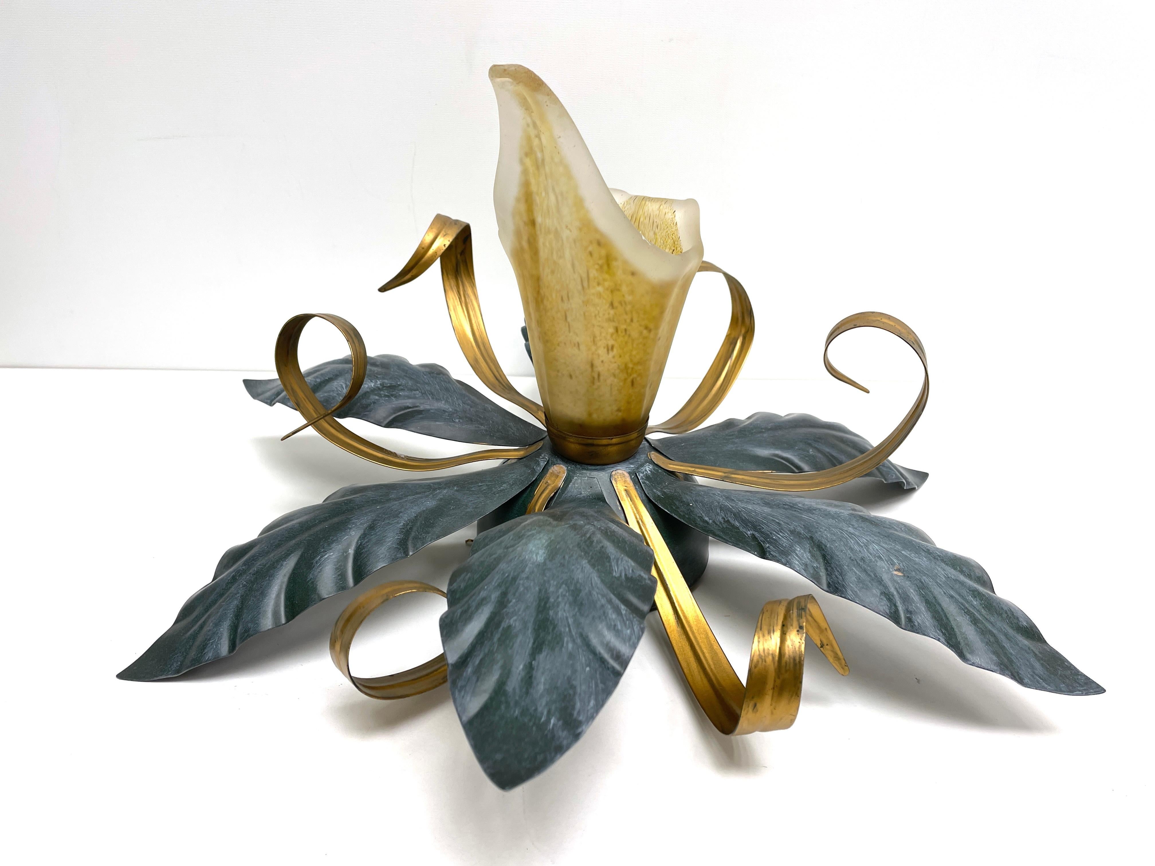 Metal Petite Florentine Flower and Leaf Flush Mount Vintage, German 1980s