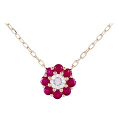 Petite Flower Link Necklace with Round Rubies and Diamond in 14K Yellow Gold