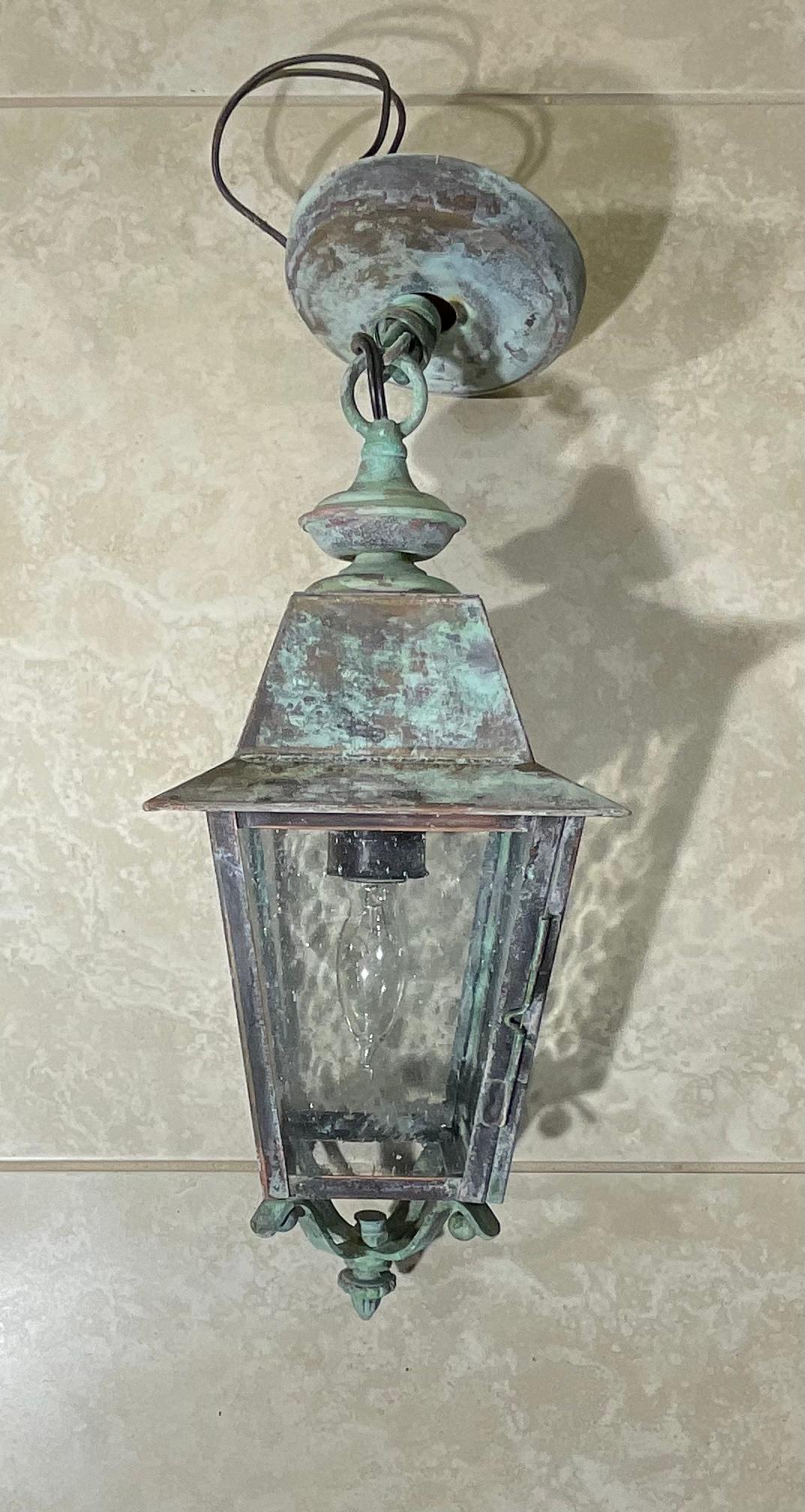 Hand-Crafted Petite Four Sides Solid Brass Hanging Lantern For Sale