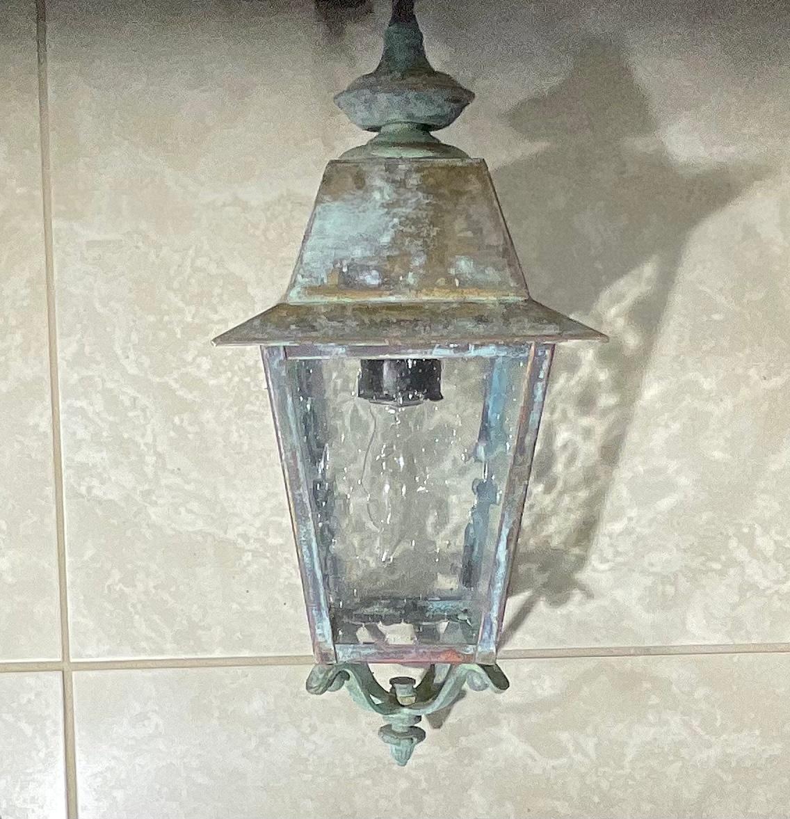 Petite Four Sides Solid Brass Hanging Lantern In Good Condition For Sale In Delray Beach, FL