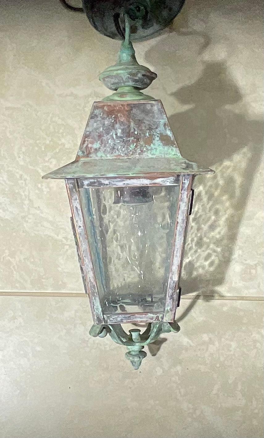 Petite Four Sides Solid Brass Hanging Lantern For Sale 3