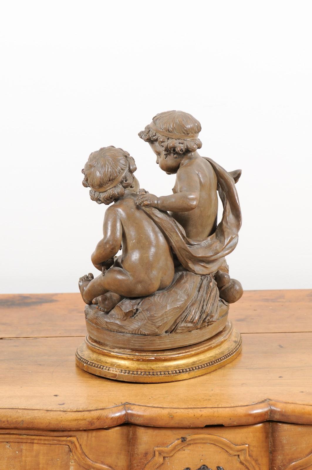 Petite French 1830s Louis-Philippe Terracotta Sculpture of Two Putti on a Base 5
