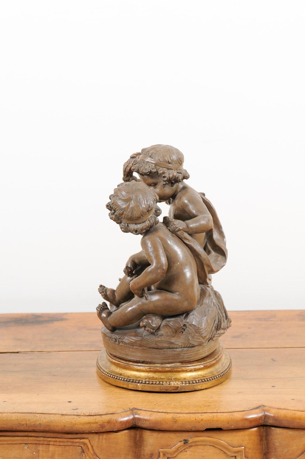 Petite French 1830s Louis-Philippe Terracotta Sculpture of Two Putti on a Base 6