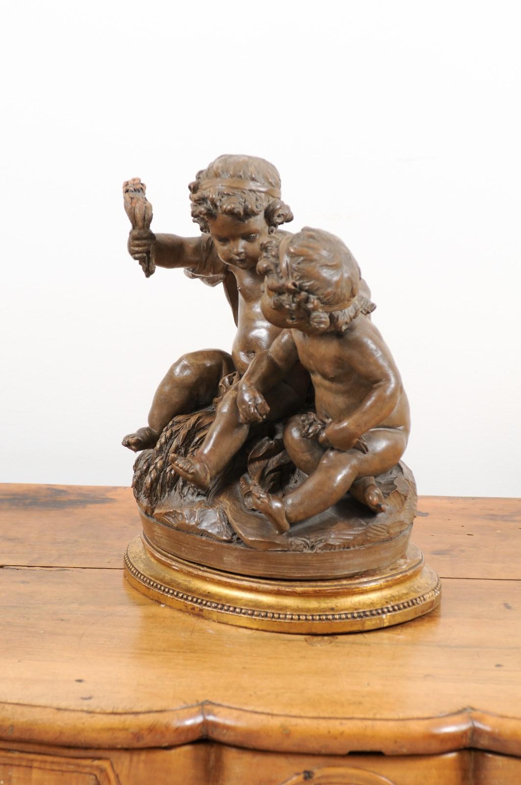 Petite French 1830s Louis-Philippe Terracotta Sculpture of Two Putti on a Base 7